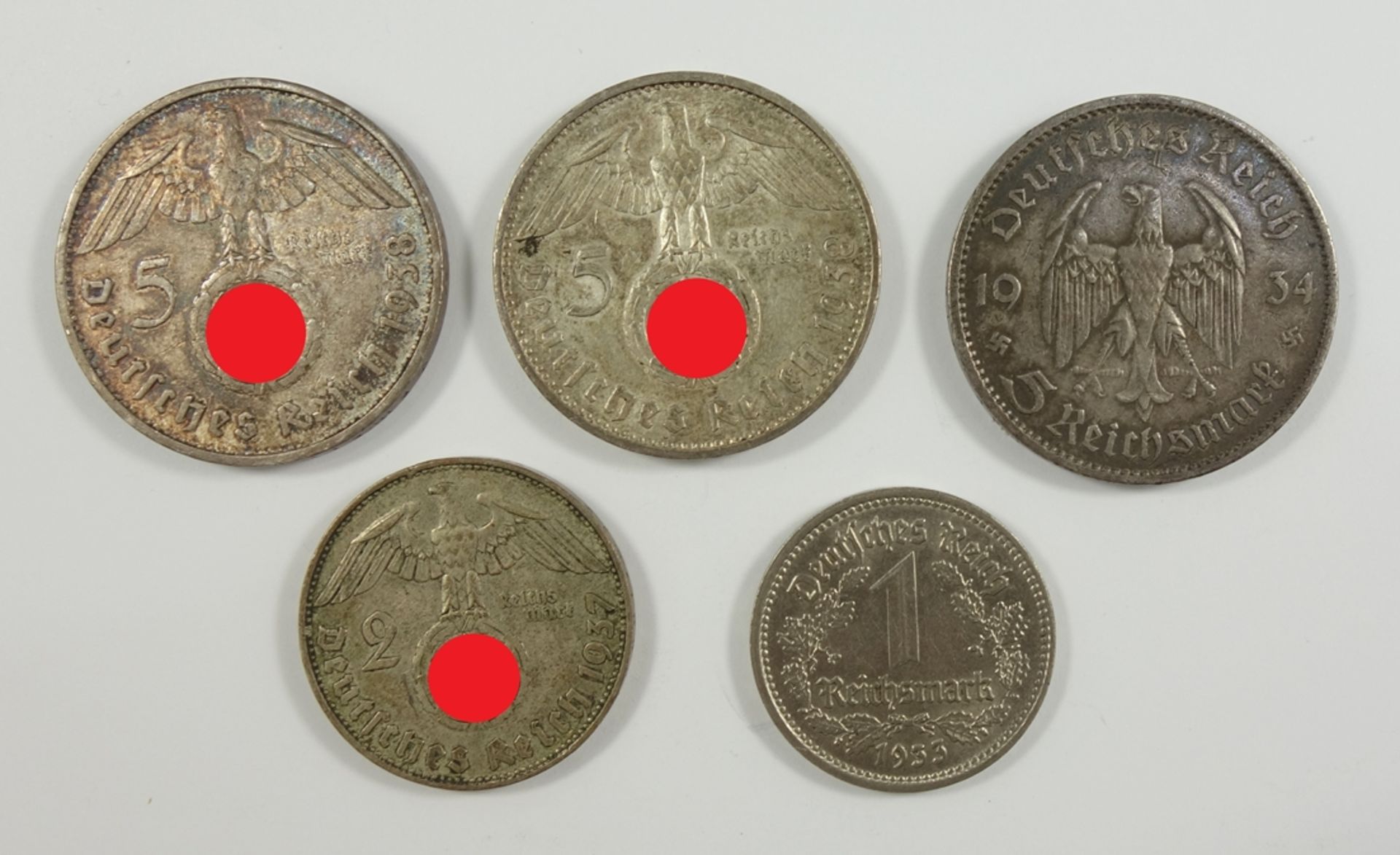 5 Münzen, Deutsches Reich, 4* Silber, 1*Nickel, 2* 5 Reichsmark Hindenburg 1938; 5 Reichsmark - Bild 2 aus 2