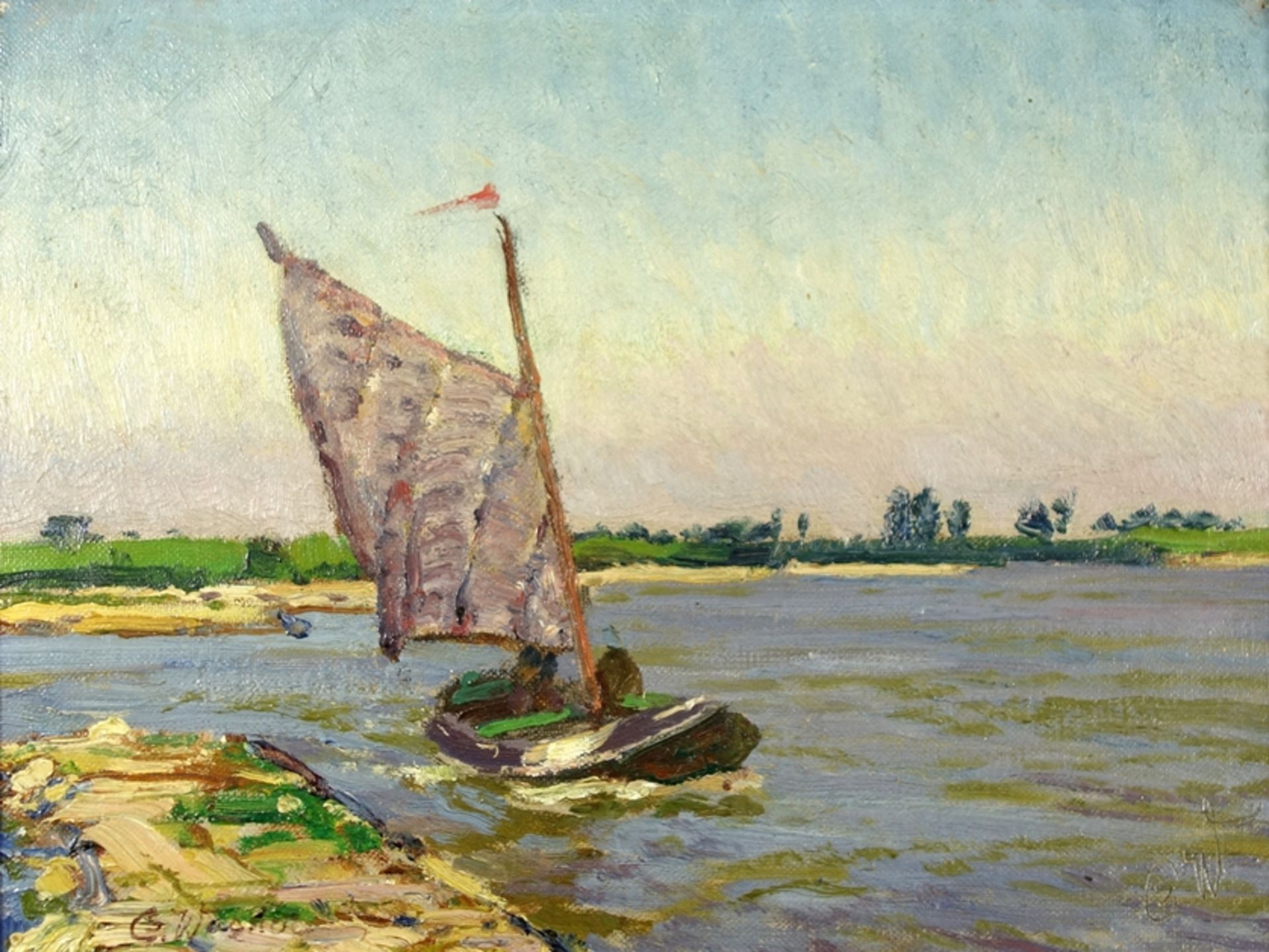 Cornelius Wagner (1870, Dresden-1956, Söcking bei Starnberg), "Segelboot am Ufer", 1940er Jahre,