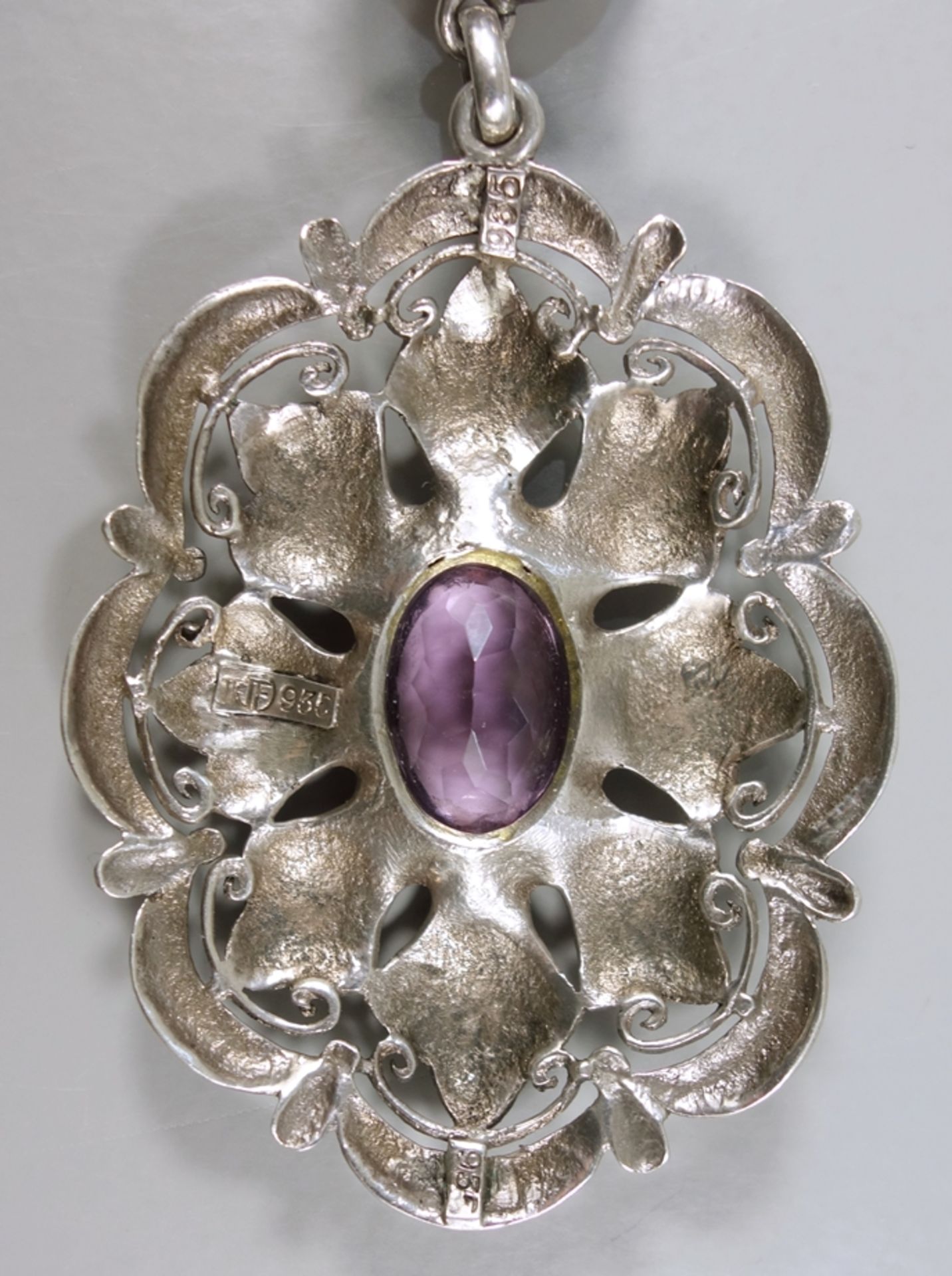 großer Anhänger mit Amethyst, 935er Silber, Theodor Fahrner, um 1920, Gew.48,28g, blütenförmiger - Bild 2 aus 3