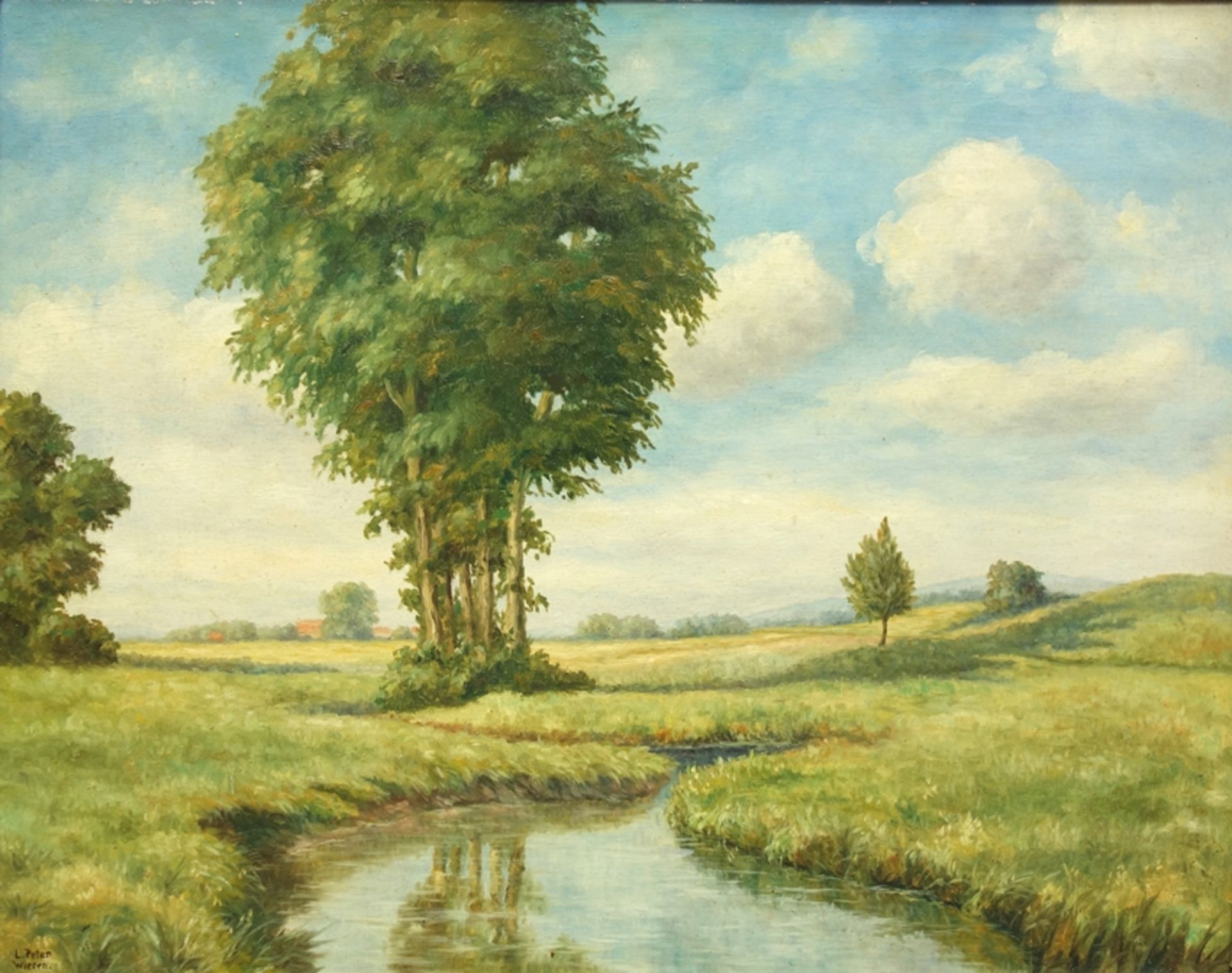 L. Peter (Wieren/Wrestedt), "Flusslandschaft", 1930er Jahre, Öl/Holz, unten links signiert und