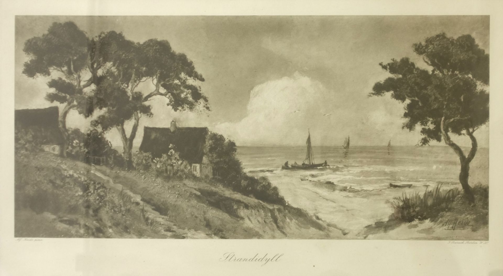 Lithografie "Strandidyll", nach Alfred Heide (1855-1930), vom Kunstverlag J. Baruch Berlin,