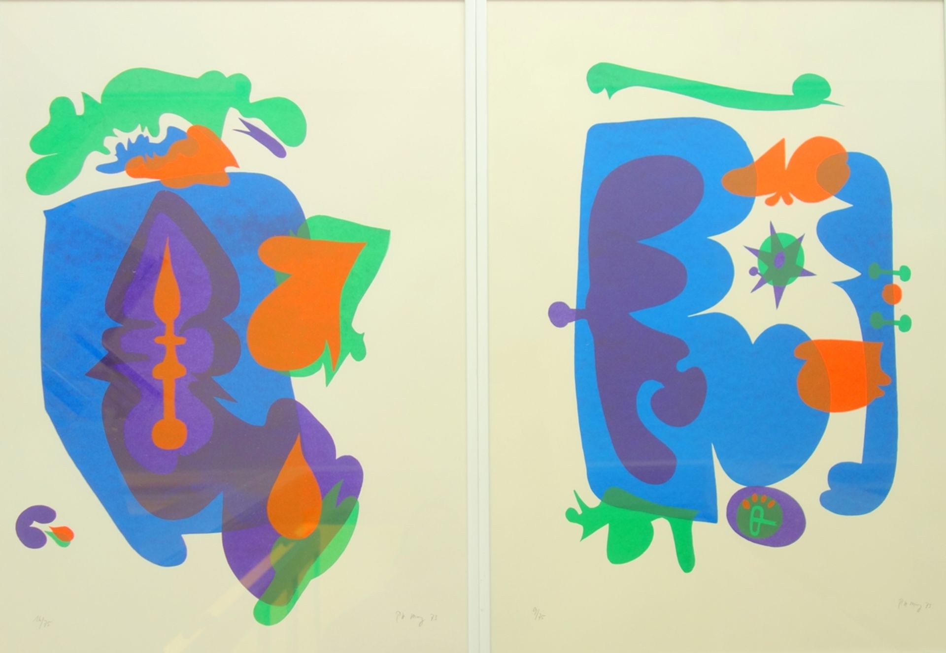 Pitt Moog (1932, Kempfenbrunn-2017, Brilon), 2 Farbserigrafien "Vierfarbige Komposition", 1973,