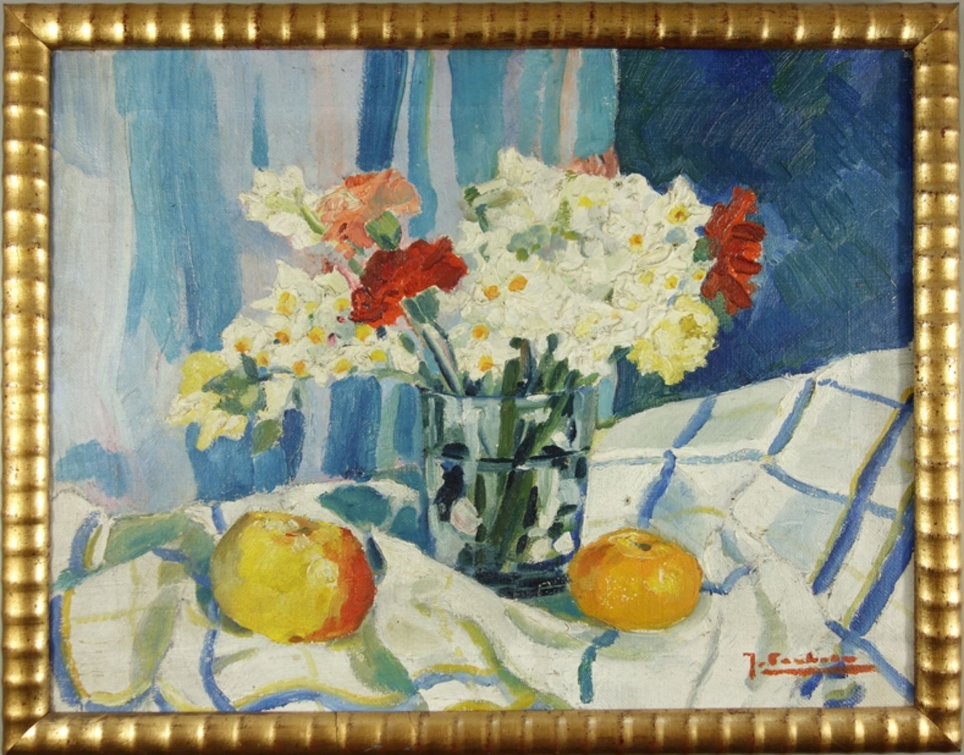 undeutlich signiert "Blumenstillleben mit Äpfeln", 1930er Jahre, Öl/Leinwand, unten rechts signiert,