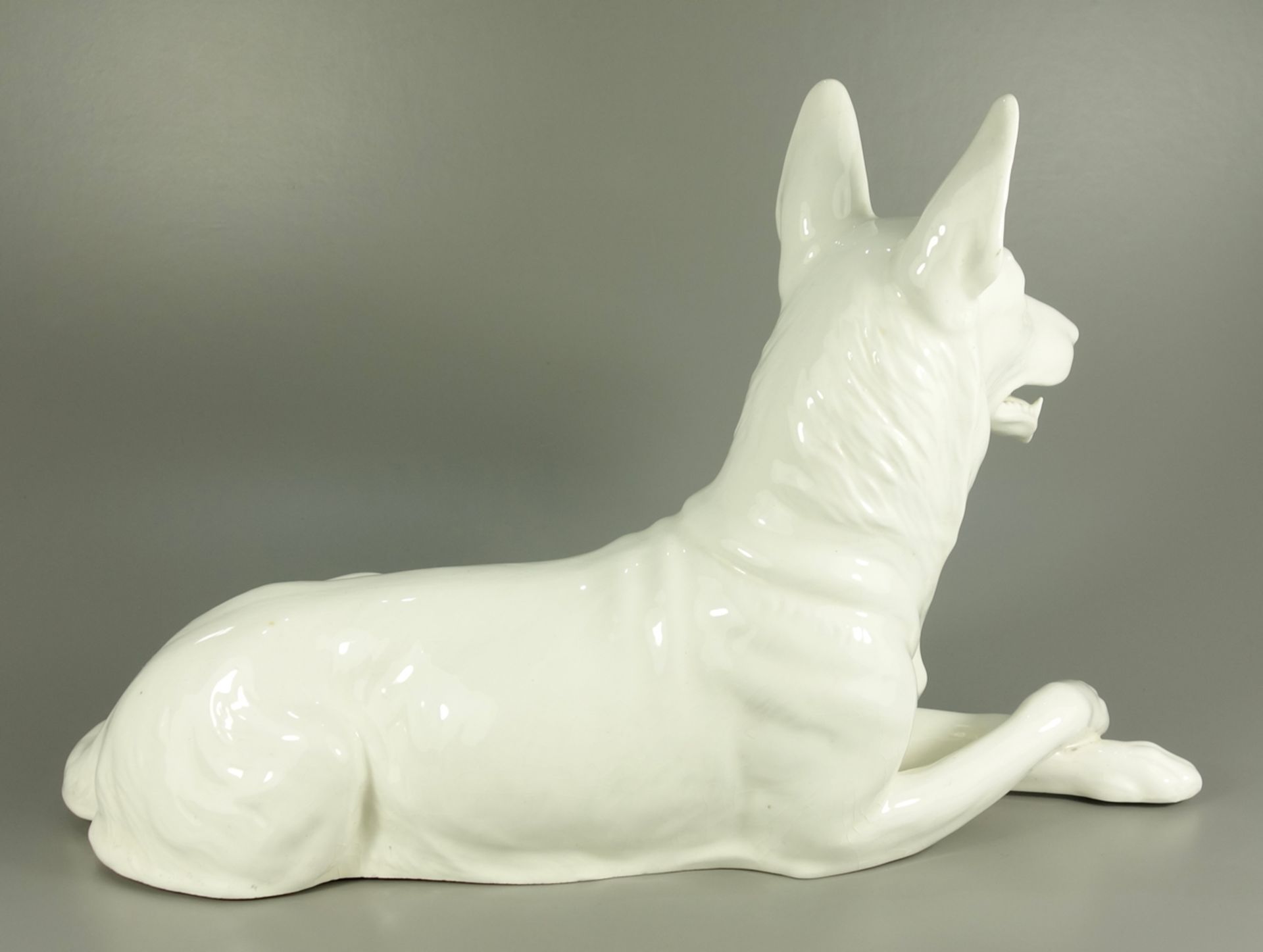 Liegender Schäferhund, Max Roesler, Darmstadt 1930-31, Keramik, L.ca.40cm, Modell-Nr-0764, farblos - Bild 2 aus 3