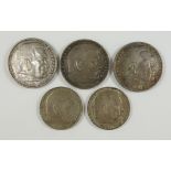 Konvolut 3* 5 Reichsmark 1936 und 2* 2 Reichsmark 1937 und 1938, Hindenburg, Silber, Gew.57,78g; 5