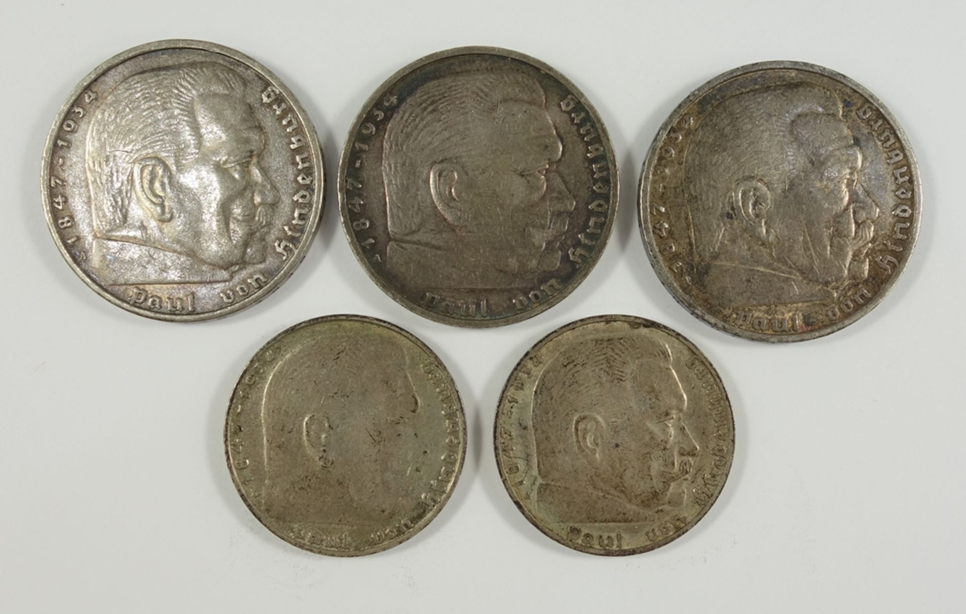 Konvolut 3* 5 Reichsmark 1936 und 2* 2 Reichsmark 1937 und 1938, Hindenburg, Silber, Gew.57,78g; 5