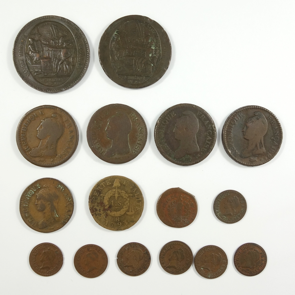 Konvolut Münzen, Frankreich, Republik: 1 Sol, Belagerungsmünze der Stadt Mainz, Jahr 2; 1 Sol,