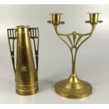 Vase und Kerzenständer, Messing, um 1920/30, H.24cm und 28,5cm, konische Vase mit seitlichen