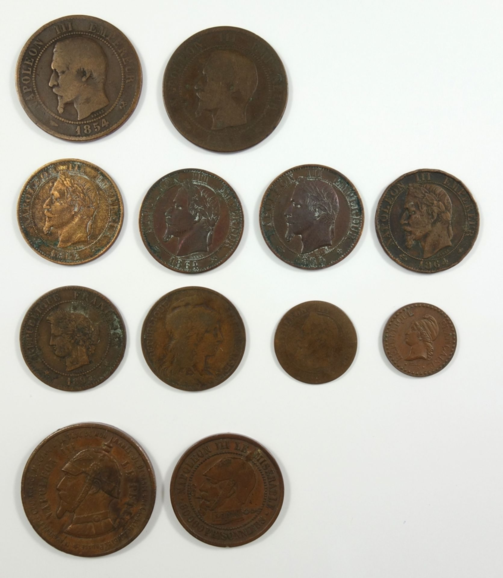 Konvolut Münzen, Frankreich 19. Jh.: 1 Centime 1848 A; 2 Centimes 1862 A; 5 Centimes, 1862 A, 1864