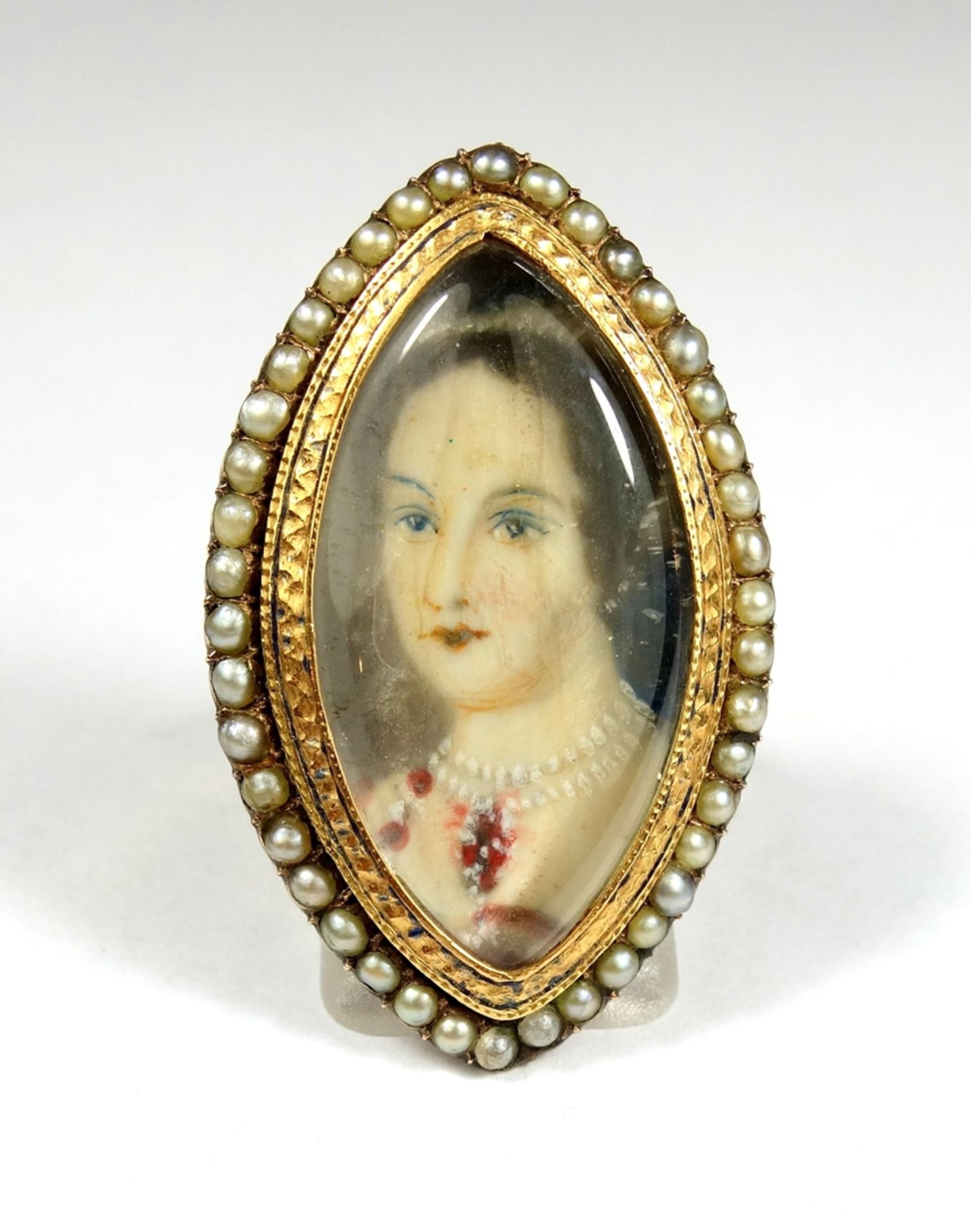antiker Perlen-Porträt-Ring, Jugendstil um 1900, 585er Rosé-Gold, Gew.12,30g, mit Wertgutachten,