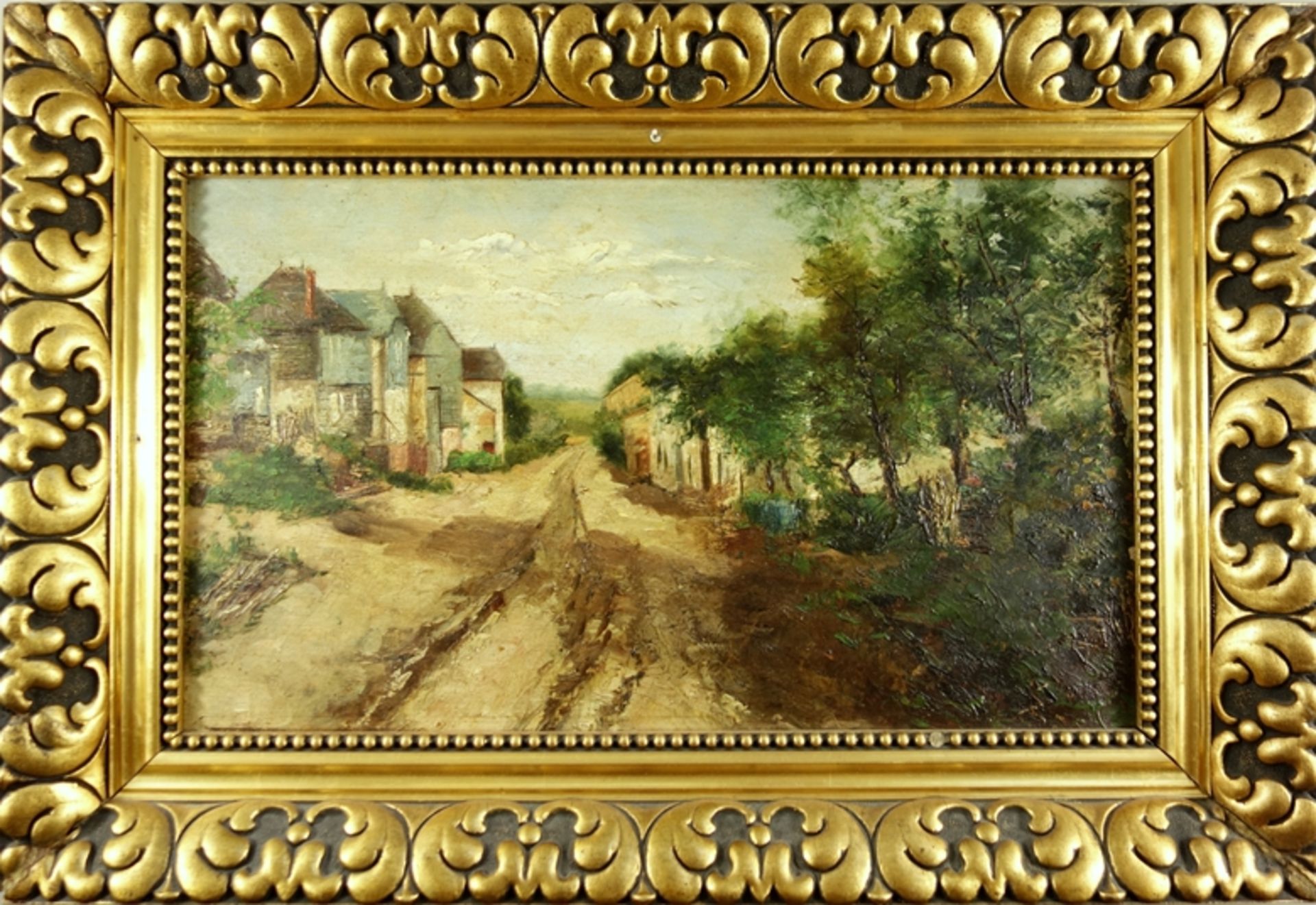 unsigniert, "Dorfstraße", frühes 20. Jahrhundert, Öl/Leinwand, H*B 28*46cm, in Goldstuckrahmen (