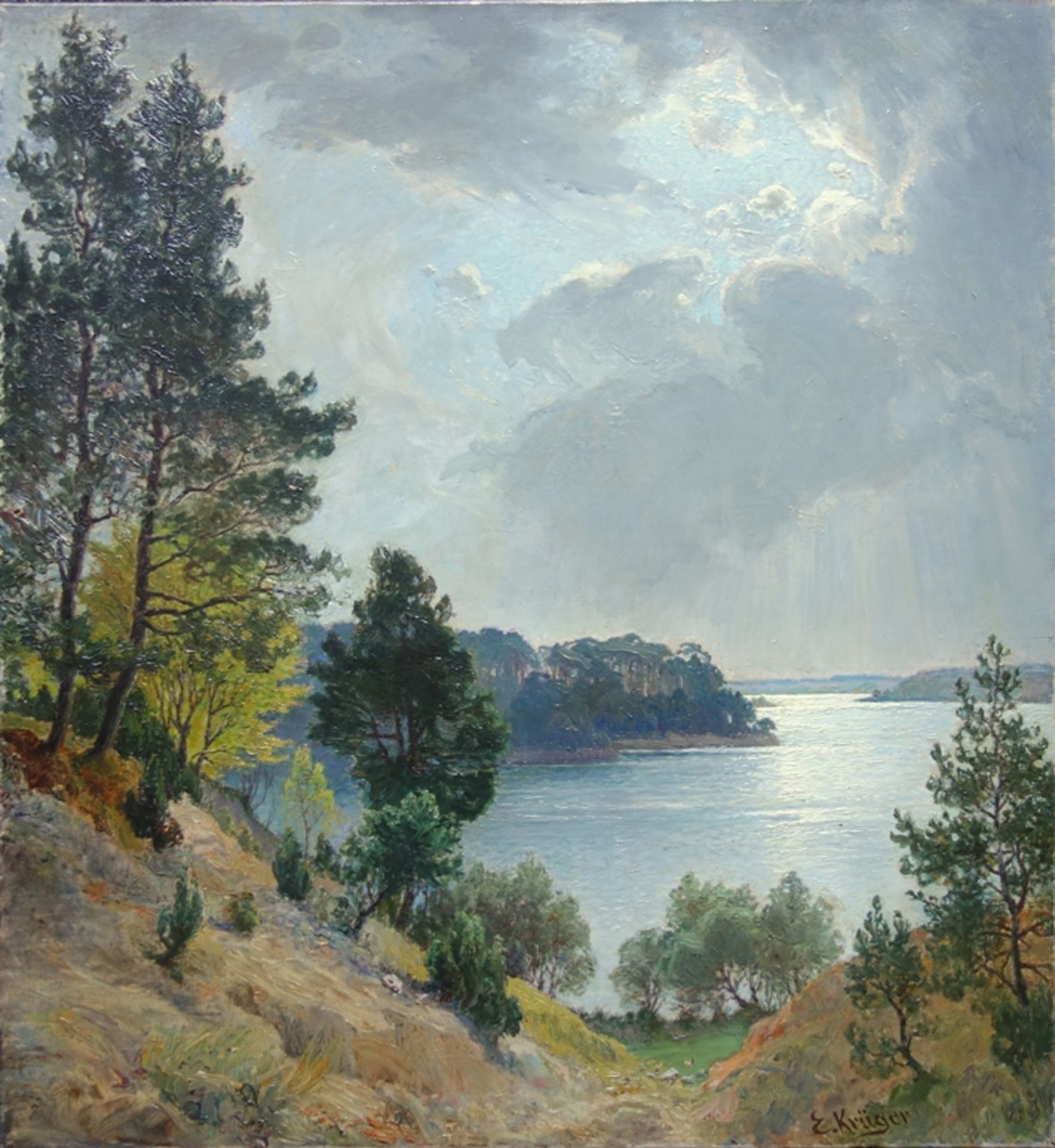 Erna Krüger (1883, Wittenberg-1973) "Märkische Uferlandschaft bei Sonnenaufgang", Öl/Leinwand, HB