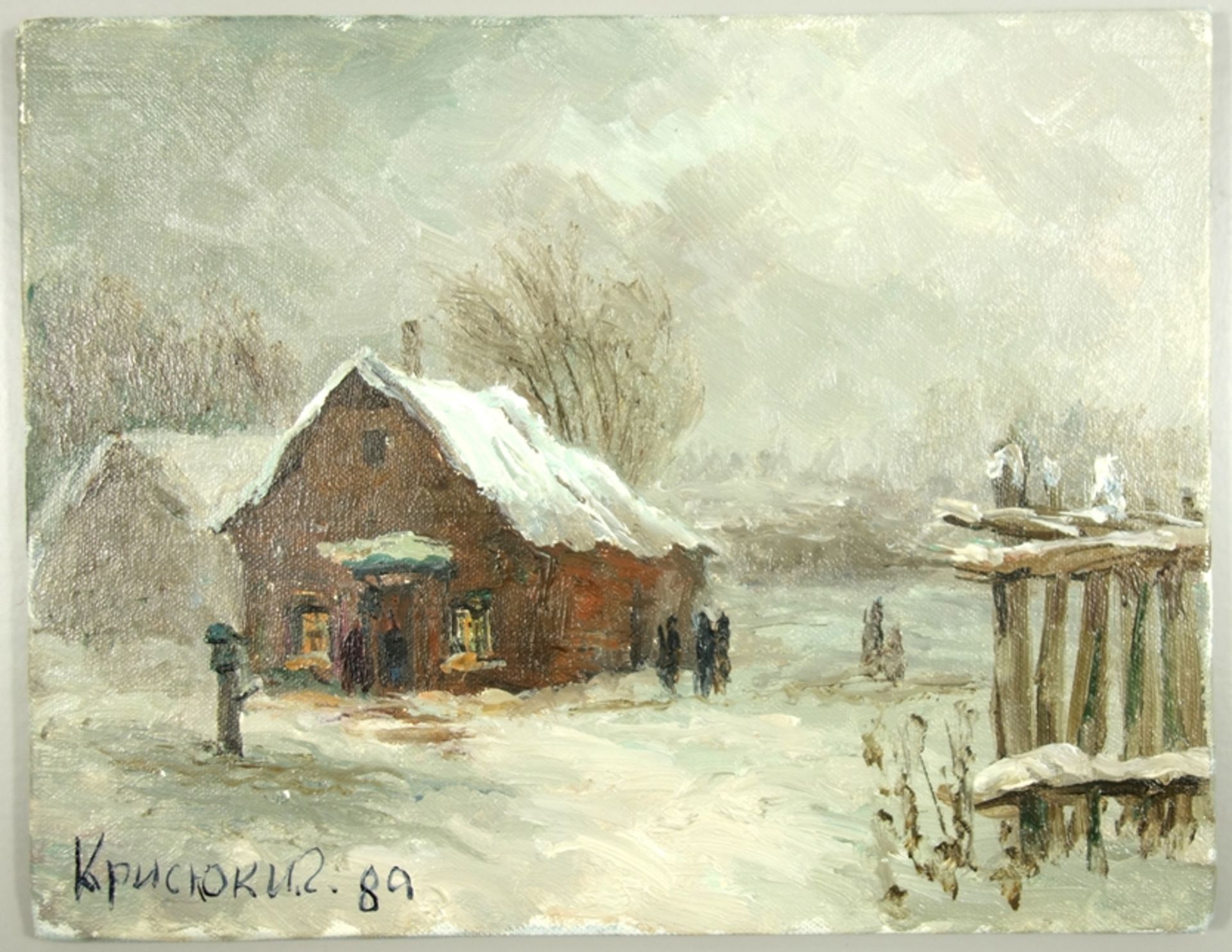 undeutlich signiert, "Winterlandschaft mit Hütte", 1989, Öl/Malkarton, unten links kyrillisch