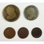 5 Münzen, Frankreich 17. und 18.Jh.: Doppeltournois Heinrich V, 1610 A; Demisol Ludwig XVI., 1785;