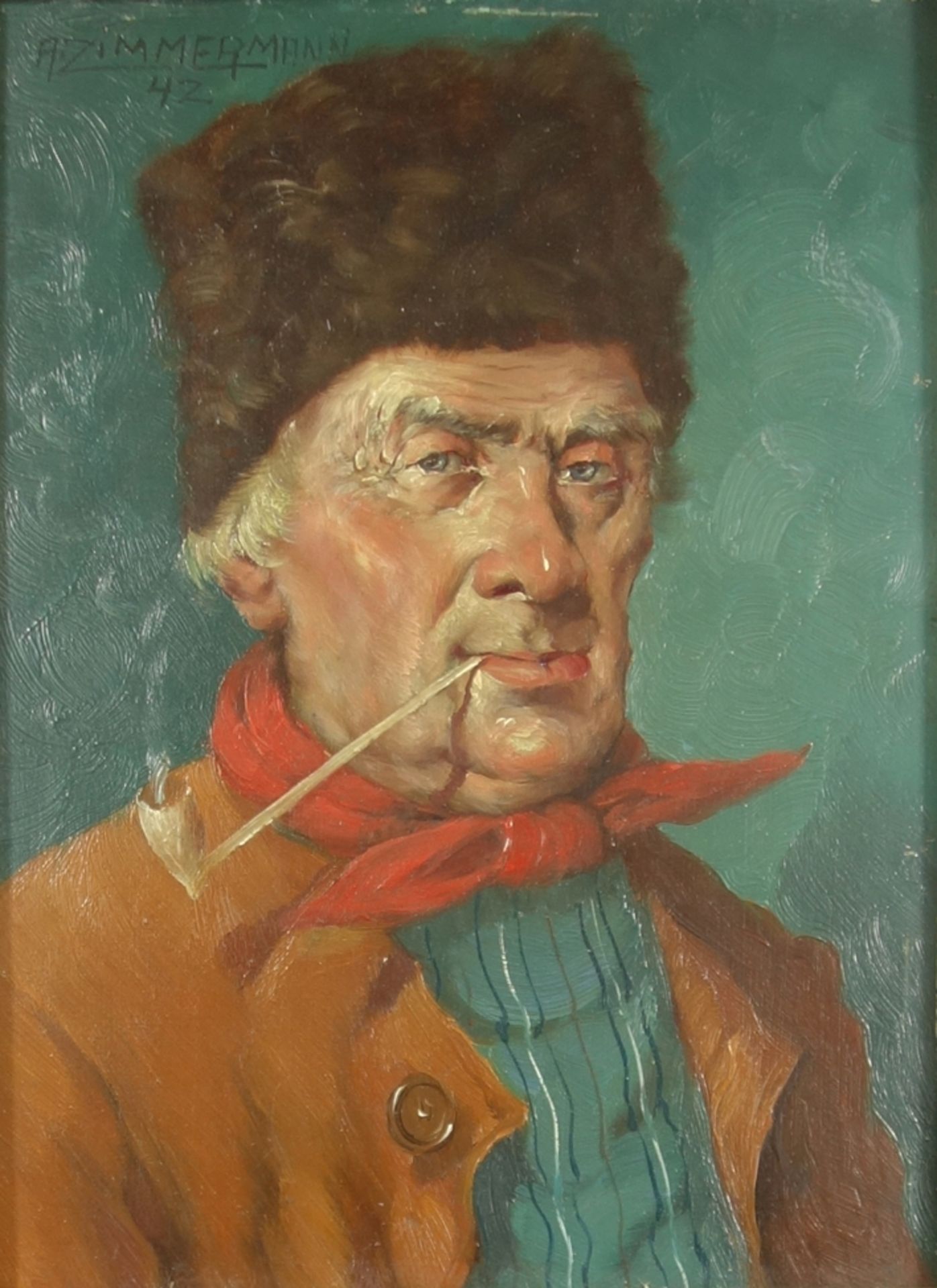 A. Zimmermann, Genreporträt "Mann mit Pfeife", 1942, Öl/Platte, oben links signiert und datiert "