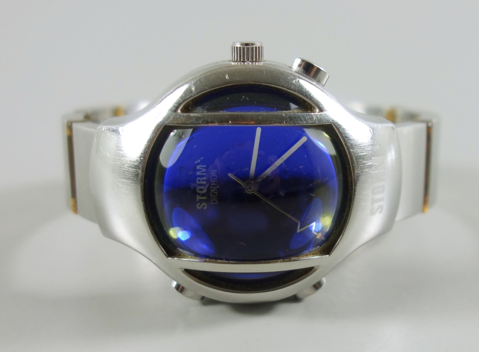 Design- Armbanduhr, Storm Digithon, London, Edelstahl, stark gewölbtes Uhrglas, blaues