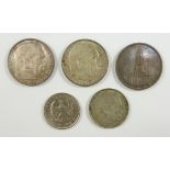 5 Münzen, Deutsches Reich, 4* Silber, 1*Nickel, 2* 5 Reichsmark Hindenburg 1938; 5 Reichsmark