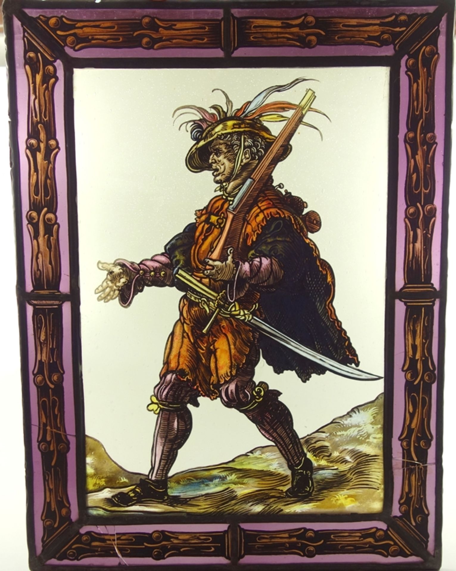 Bleiverglasung "Landsknecht", H*B 42,5*32cm, um 1870/80, Bleiverglasung etwas locker, 3