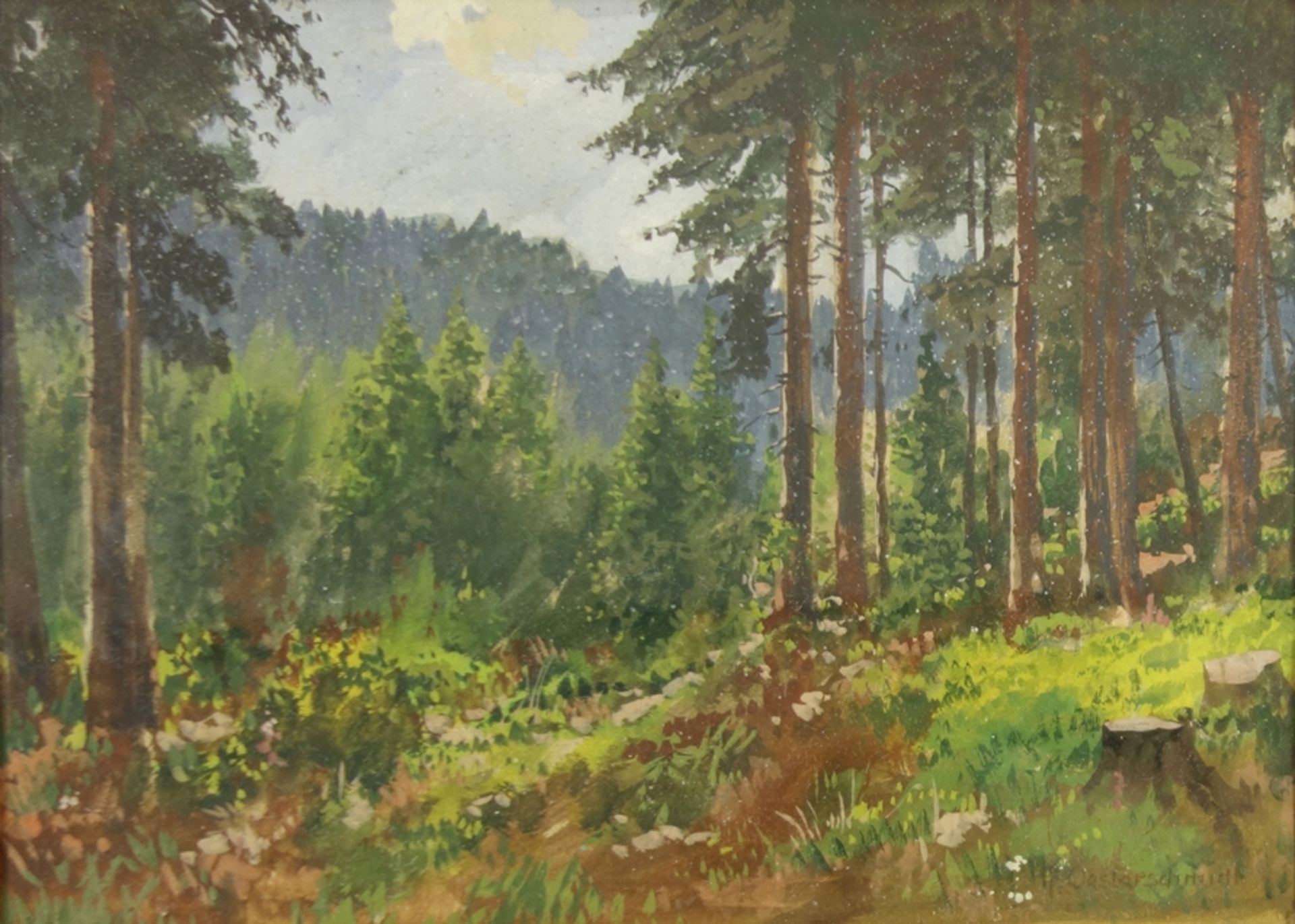 Heinrich Oesterschmidt (1879, Düsseldorf-?), "Waldlichtung", um 1910, Gouache/Karton, unten rechts