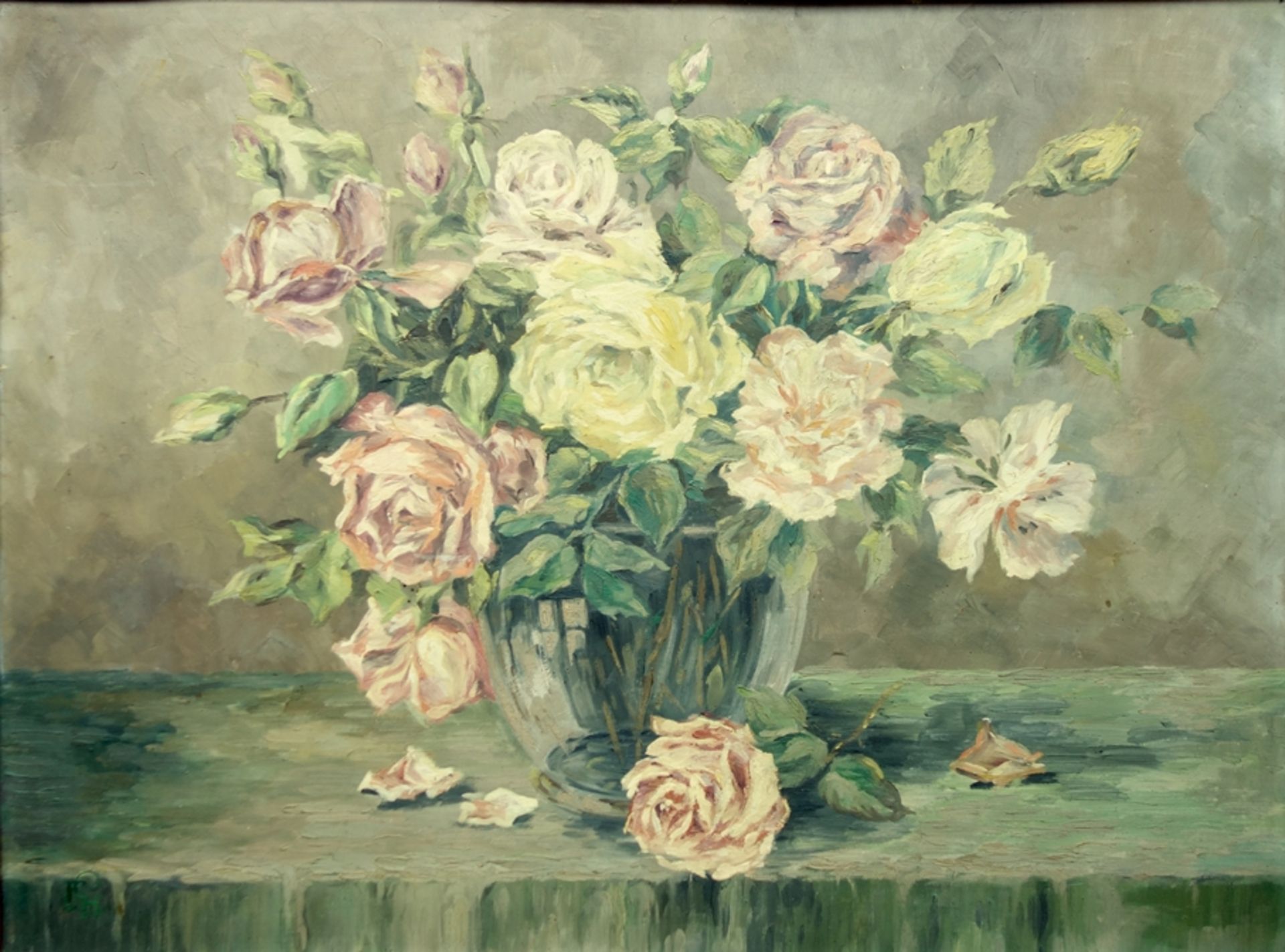 Prof. Fritz Leopold Hennig (1895, Danzig-1951, Dresden) "Stillleben mit Rosen", um 1950, Öl/