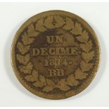 1 Decime, Frankreich, Napoleon I., 1814 BB, aus alter Sammlung