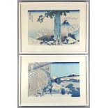 2 Holzschnitte nach Katsushika Hokusai, 1* "Mishima Pass in der Provinz Kai" und 1* "Wassermühle bei