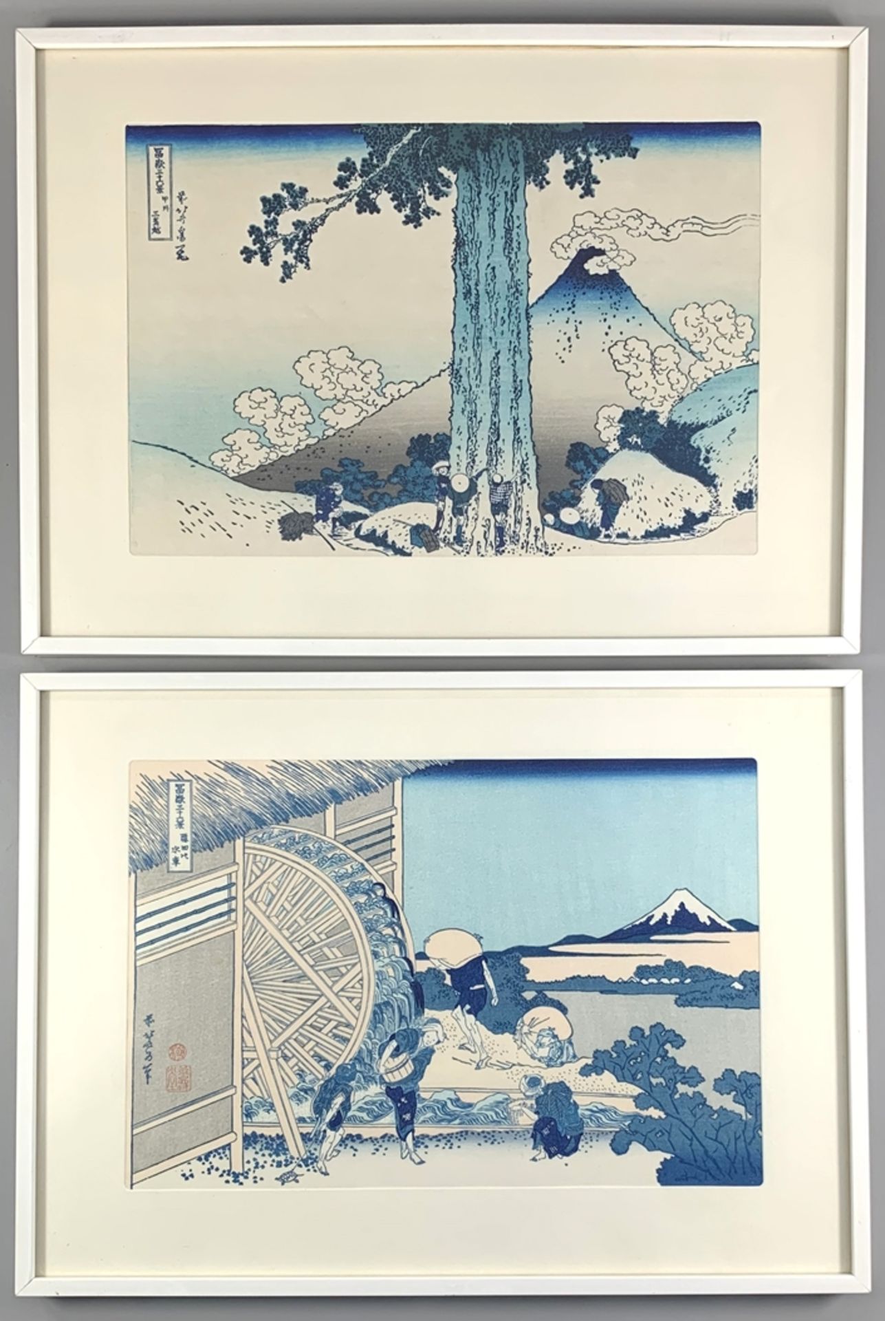 2 Holzschnitte nach Katsushika Hokusai, 1* "Mishima Pass in der Provinz Kai" und 1* "Wassermühle bei