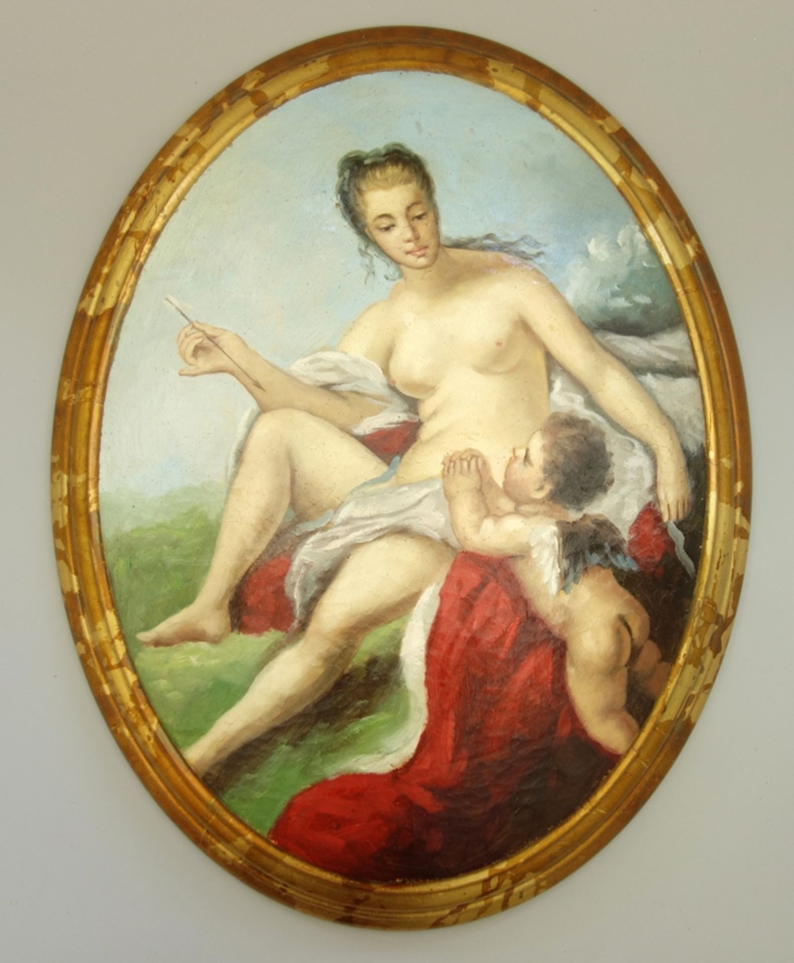 ovales Wandbild "Venus und Cupido", 2. Hälfte 20. Jh., Öl/Hartfaser, antikisierender Stil, konvex