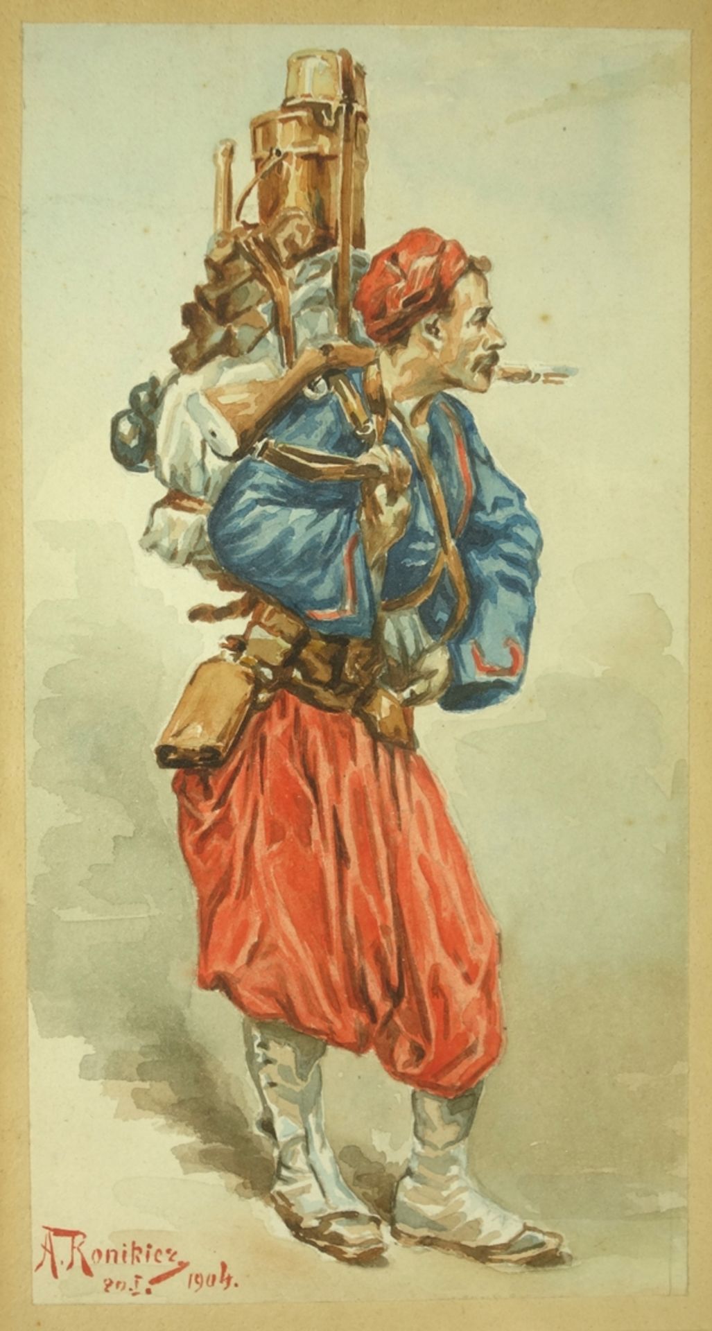 A. Ronikier, "Soldat der französischen Kolonialarmee um 1890", 1904, Aquarell, unten links