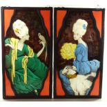 Paar Bleiverglasungen "Barocke Damen", um 1900, H*B 34,8*19,3cm, Frauen mit Pompadourfrisuren,