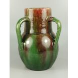 dreihenkelige Vase, Keramik, A.Blut, Goslar, Jugendstil, Anf.20.Jh., H.20cm, gebaucht mit grün-roter