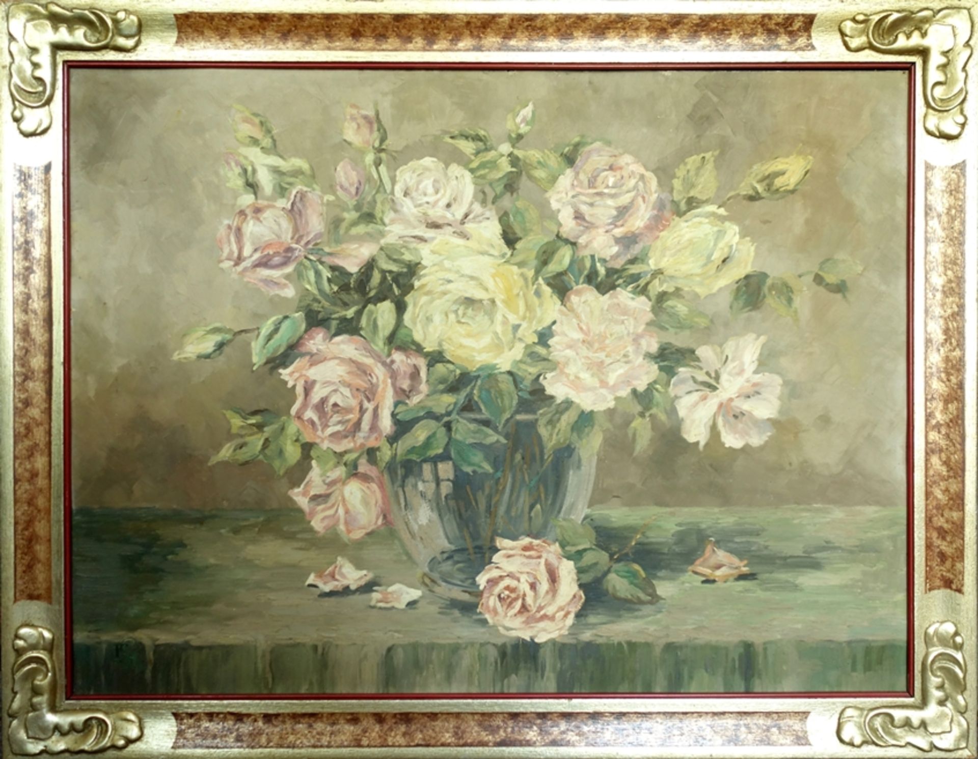 Prof. Fritz Leopold Hennig (1895, Danzig-1951, Dresden) "Stillleben mit Rosen", um 1950, Öl/ - Bild 4 aus 4