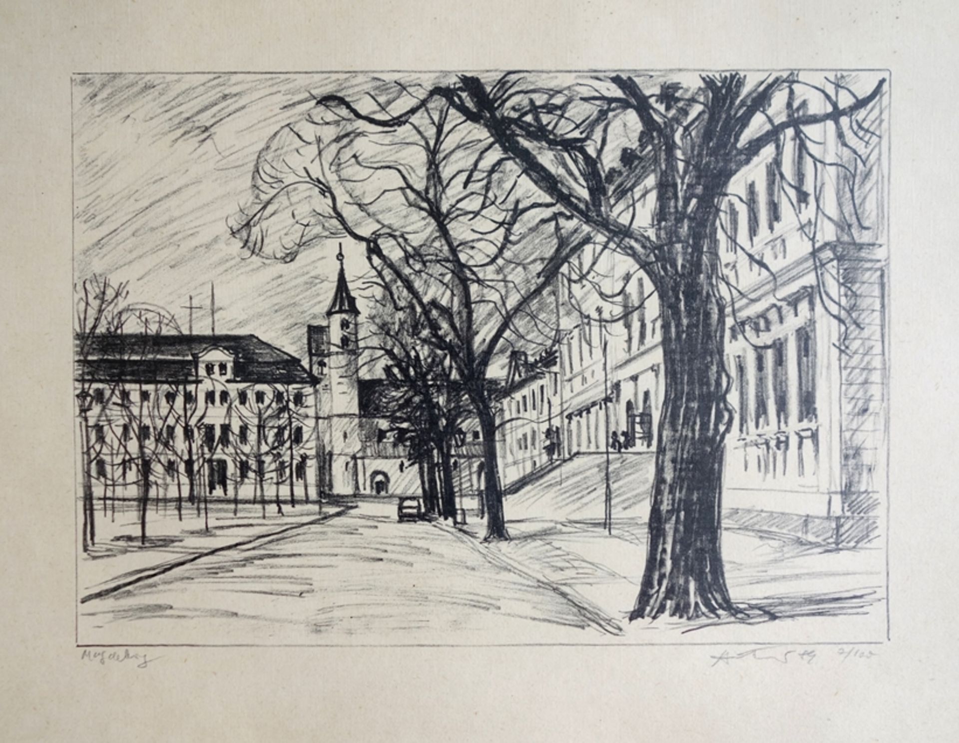 2 Lithografien "Magdeburger Domplatz", 1989, jeweils signiert, datiert ´89 (1989), Auflage 6 und 7 /