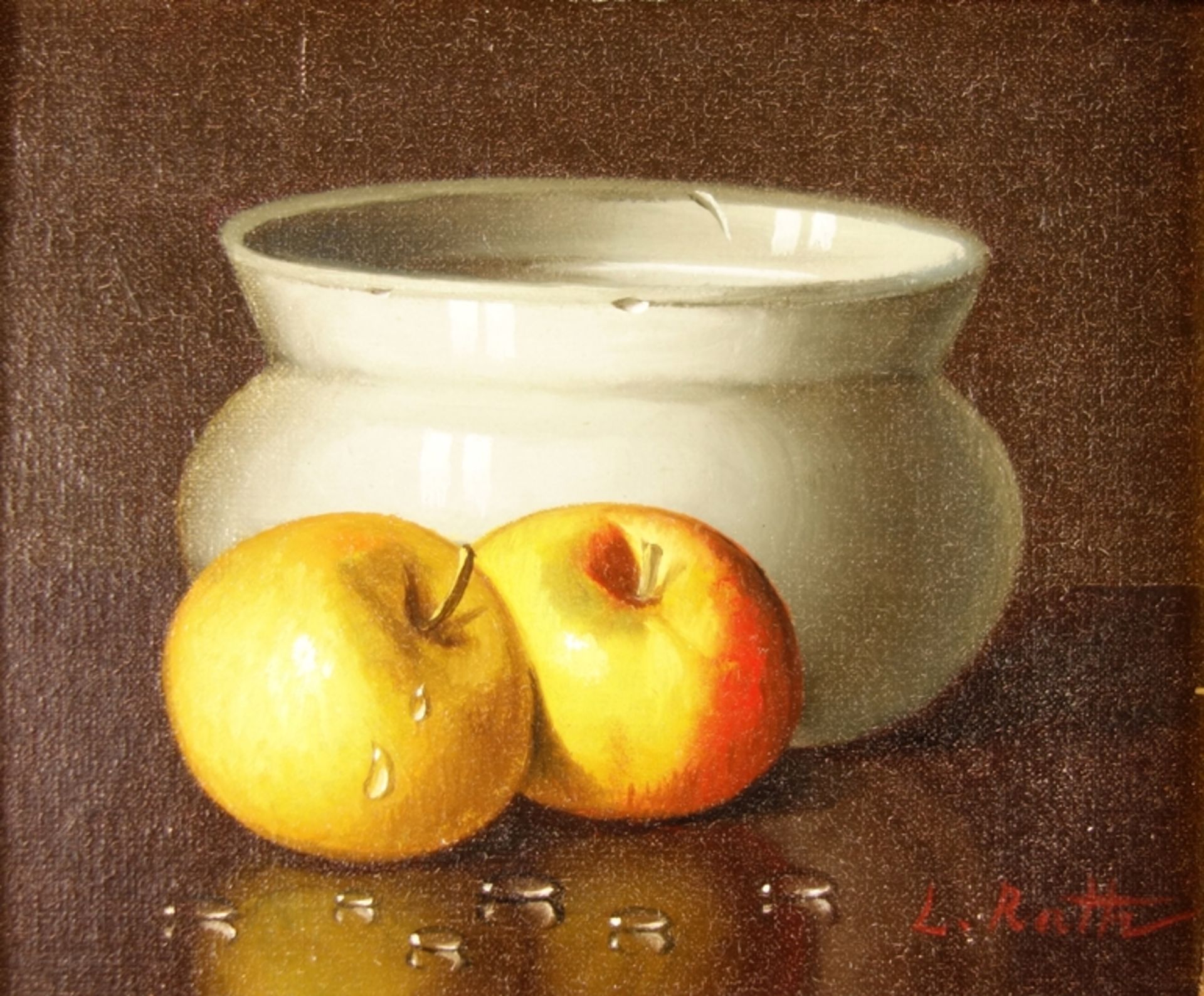 Ladislaus Rath (*1947, Ungarn, tätig in Österreich), "Stillleben mit Äpfeln", Öl/Hartfaser, unten - Image 2 of 4