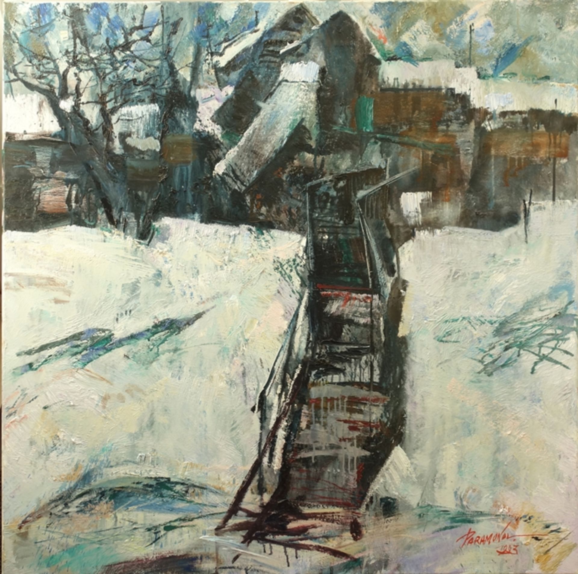 Vassili Paramonov (1923-2006), "Expressive Winterlandschaft", 1993, Öl/Leinwand, unten rechts