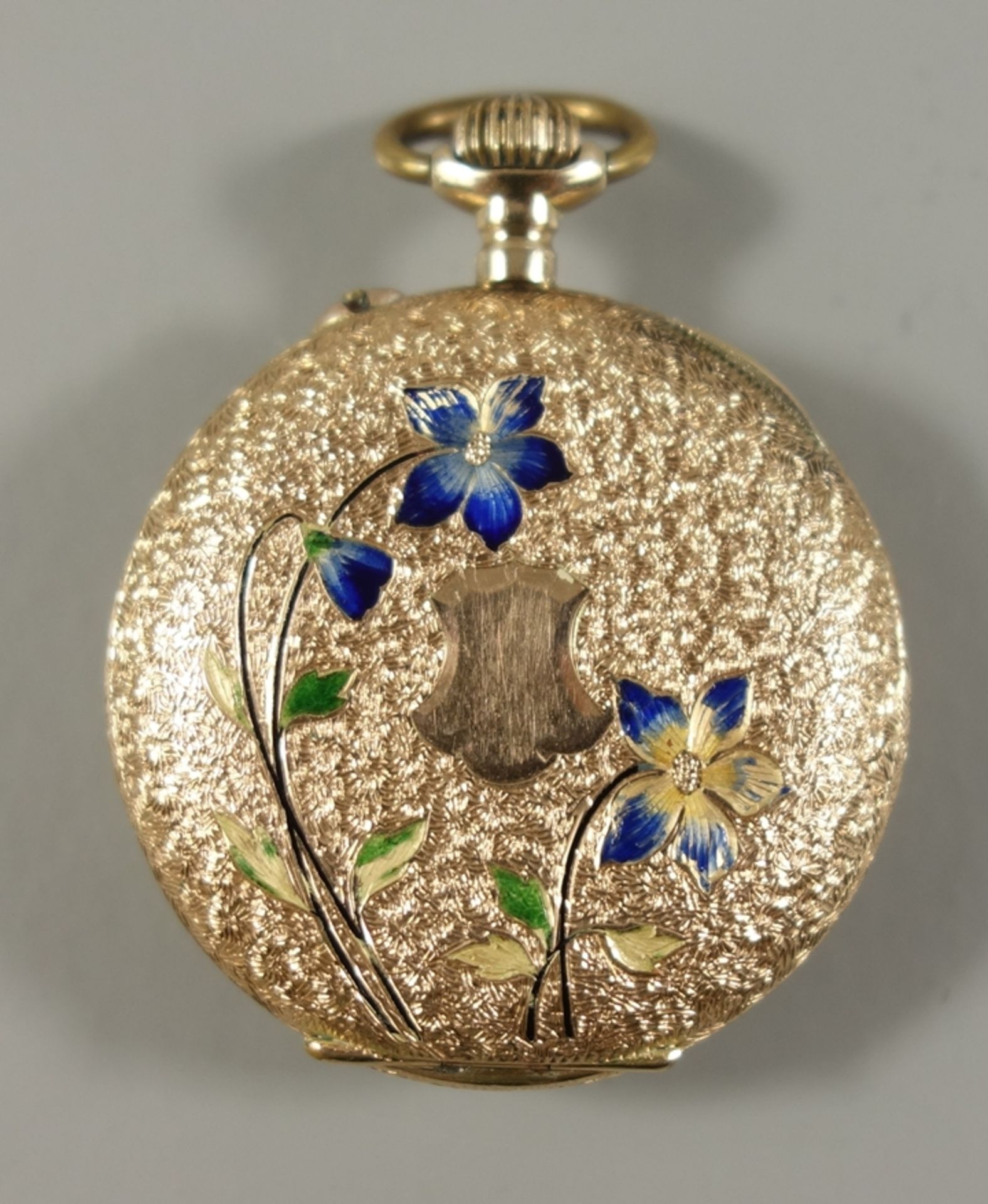 Damenumhängeuhr mit Emaille, 585er Gold, um 1900, guillochiertes Gehäuse mit floraler, emaillierter - Bild 2 aus 2