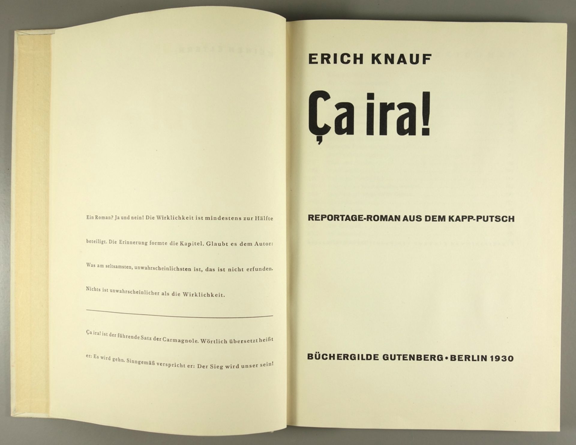 ça ira! Reportage Roman aus dem Kapp-Putsch von Erich Knauf, 1930, Büchergilde Gutenberg, Berlin, - Bild 2 aus 2