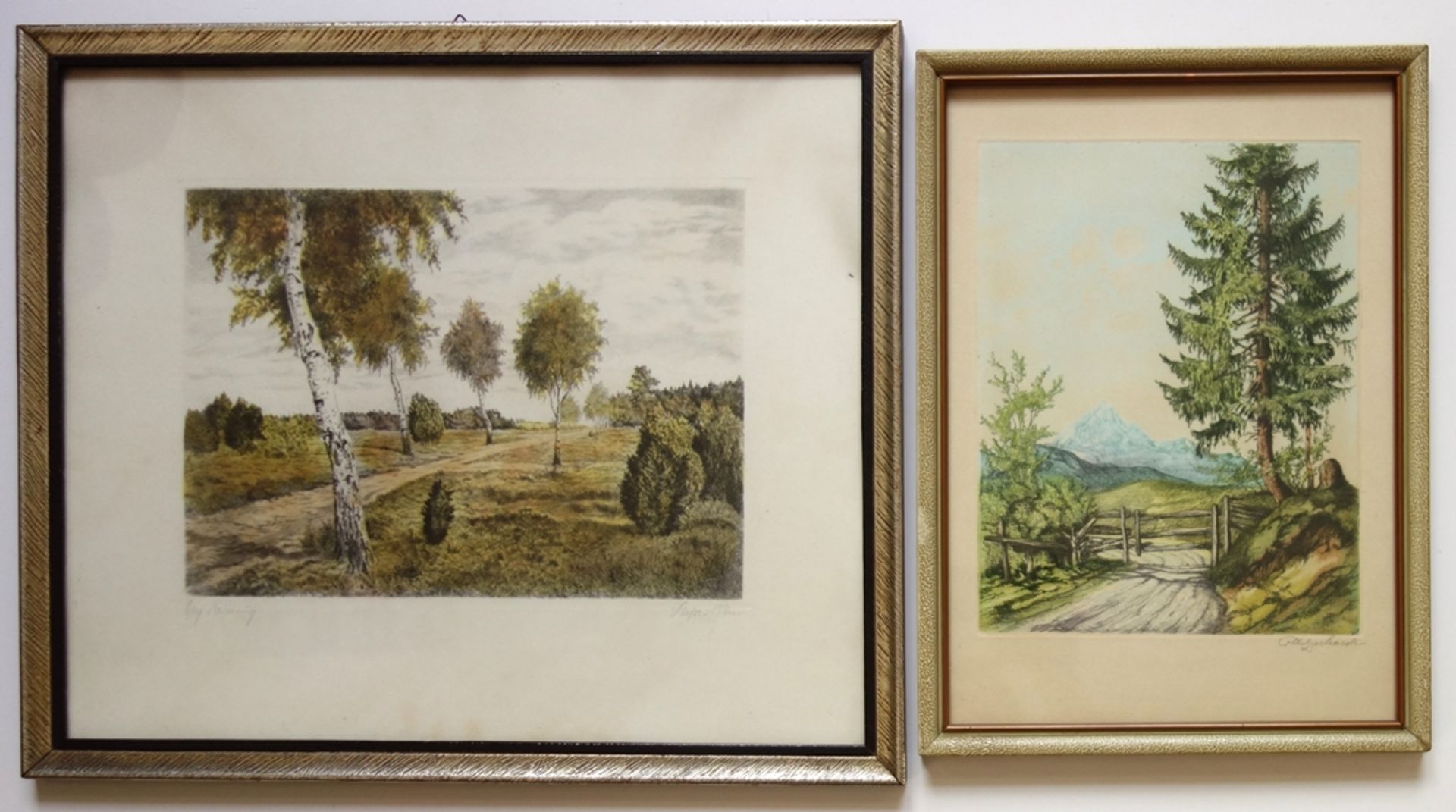 undeutlich signiert, 2 Farbradierungen "Landschaften", 1930/40er Jahre, jeweils unten rechts