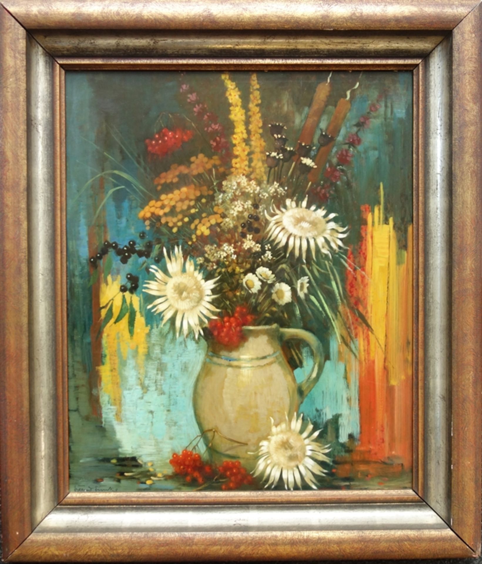 Bernd Funke (1902, Essen-1988, Heide) "Herbstblumenstrauß", Öl/Hartfaser, unten links signiert, H*B