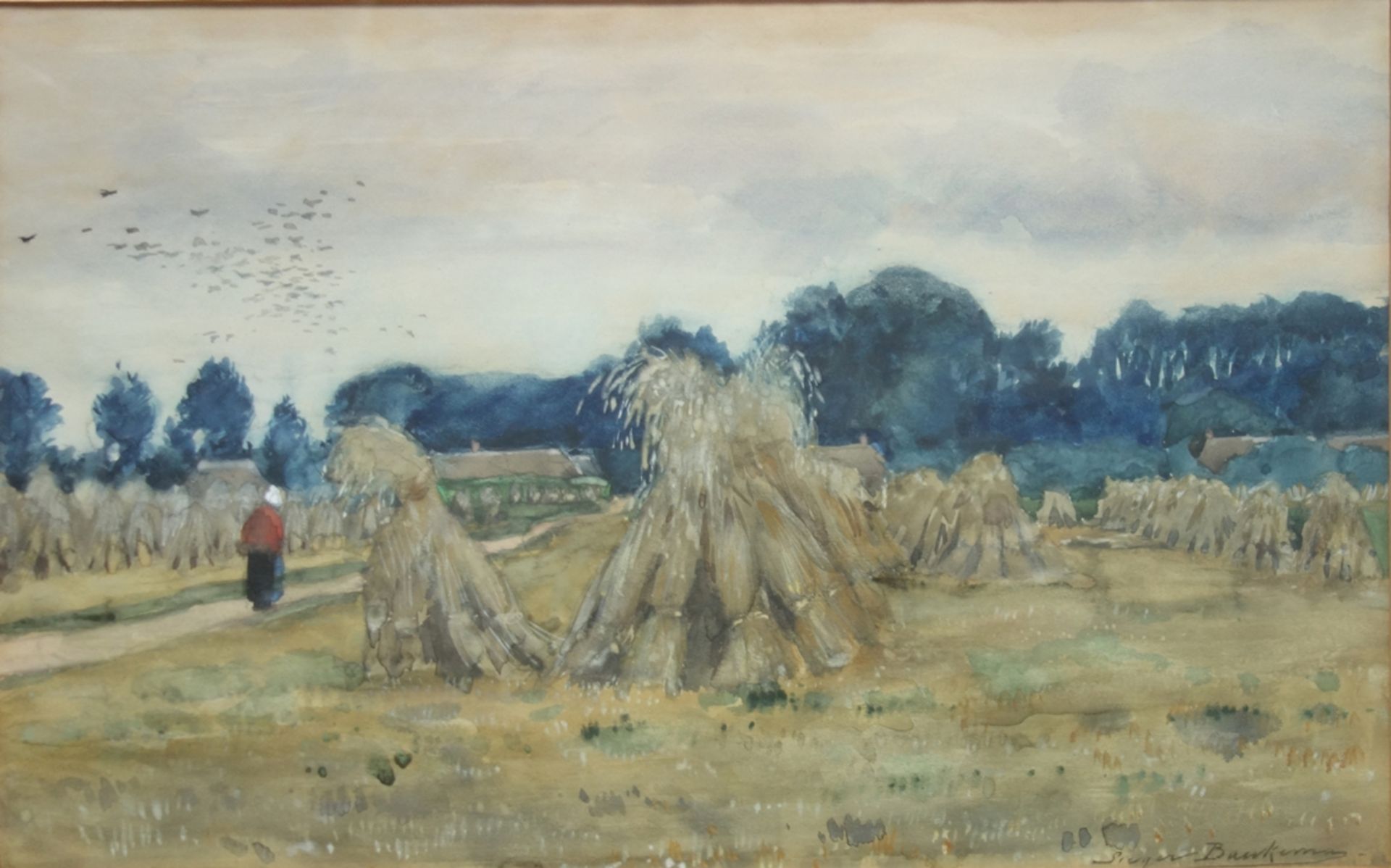 Sieger Jan Baukema (1852-1936, NL) "Feld mit Heugarben", Aquarell, unten rechts signiert, lichtes