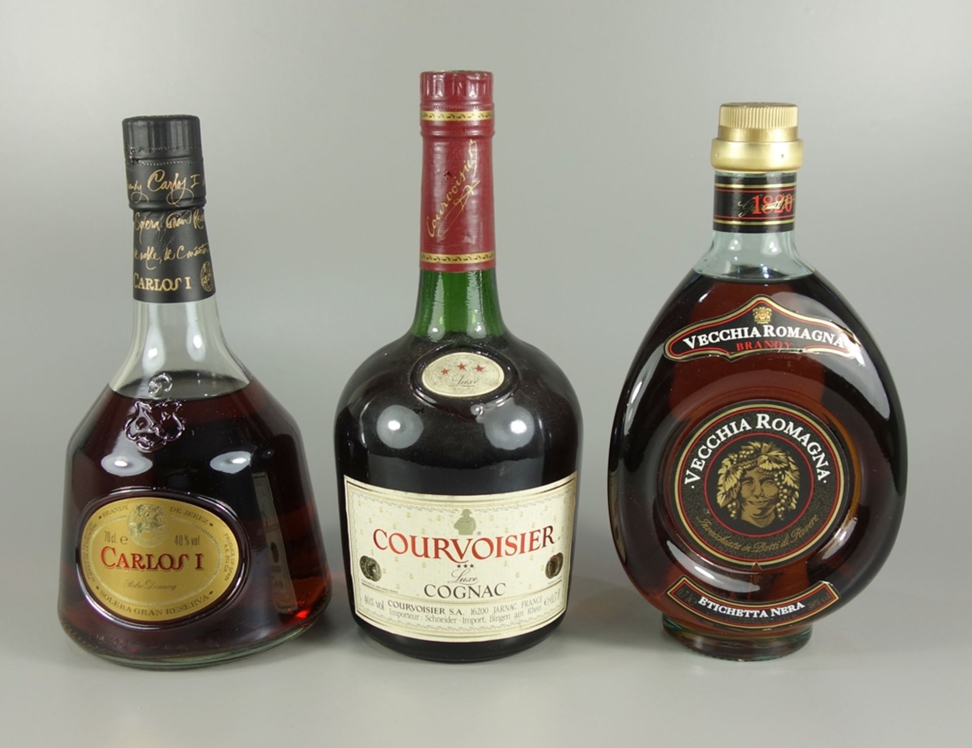 3 Flaschen Cognac/ Brandy: Carlos I, Solera Gran Reserva, Brandy, Pedro Domecq, 40%, 70cl, mit OVP;