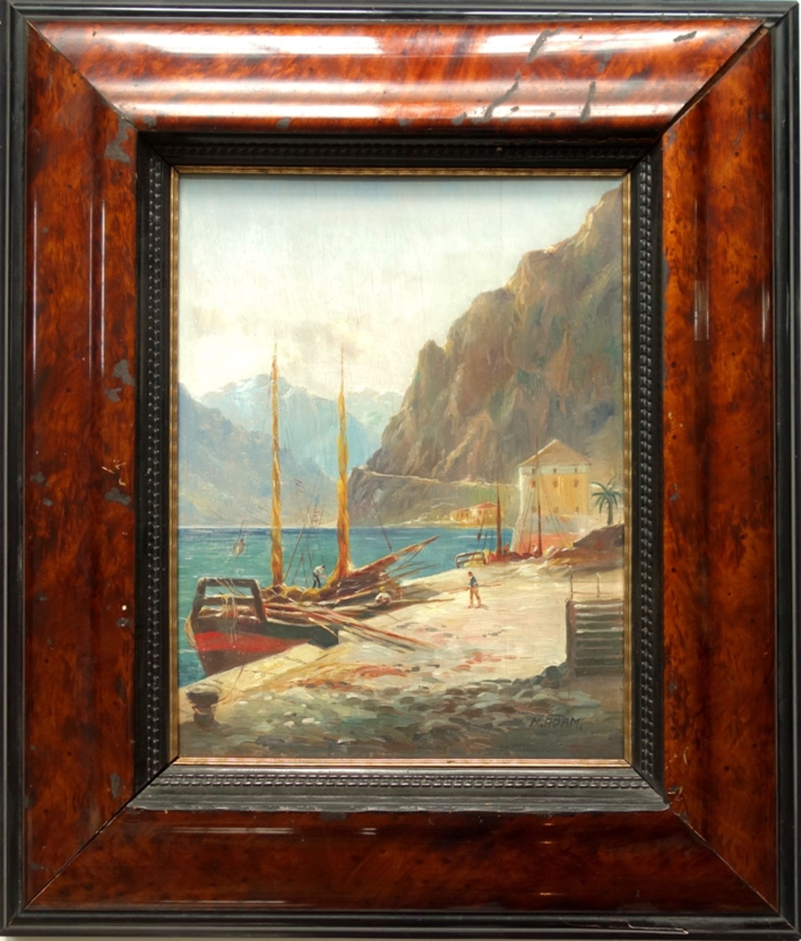 M. Adam, "Fischerboot am Hafen", Öl/Holz, Anfang 20. Jahrhundert; unten rechts signiert, HB 38*