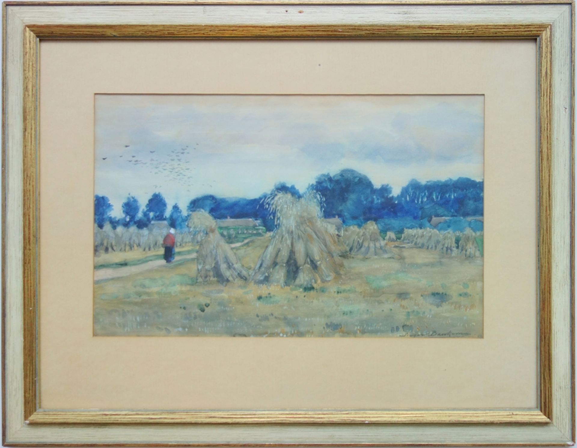 Sieger Jan Baukema (1852-1936, NL) "Feld mit Heugarben", Aquarell, unten rechts signiert, lichtes - Bild 4 aus 4