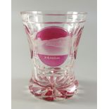 Bäderbecher Bad Schandau, um 1840, farbloses Kristallglas, geschliffen, z.t rosafarbene Lasur,