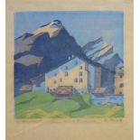 Elfriede Jungk (1889-1954, Berlin), "Bauernhaus in Graubünden", um 1930, Farbholzschnitt, unten
