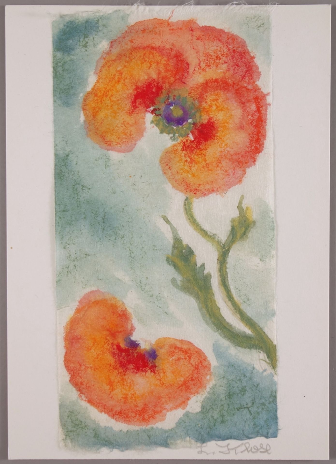 Lieselotte Klose (1918, Magdeburg - 2010, ebd.), "Mohnblumen", Mischtechnik/Japanpapier, unten