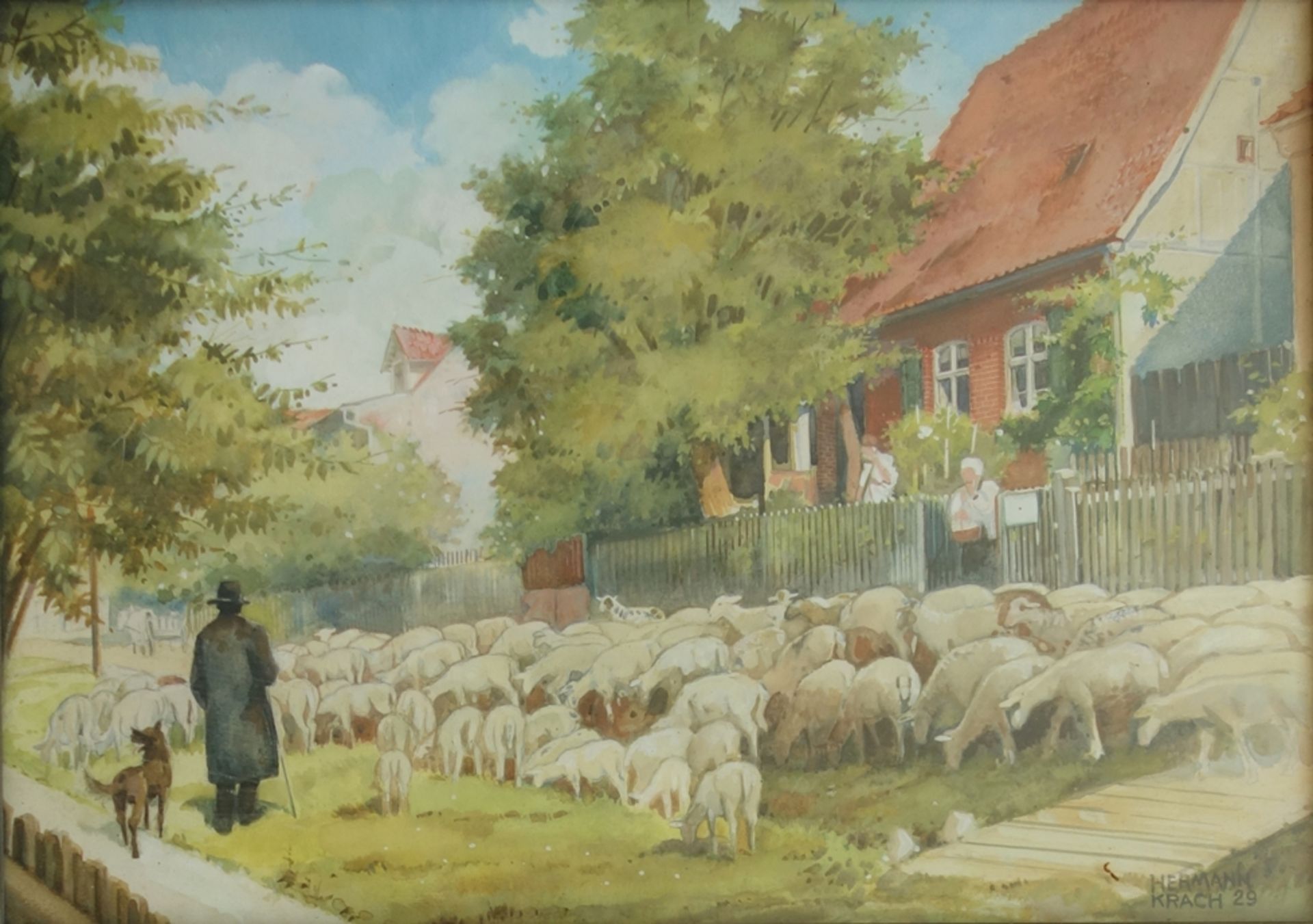 Hermann Krach "Schäfer mit Herde", 1929, Aquarell, unten rechts signiert und datiert, H*B 29*40cm,