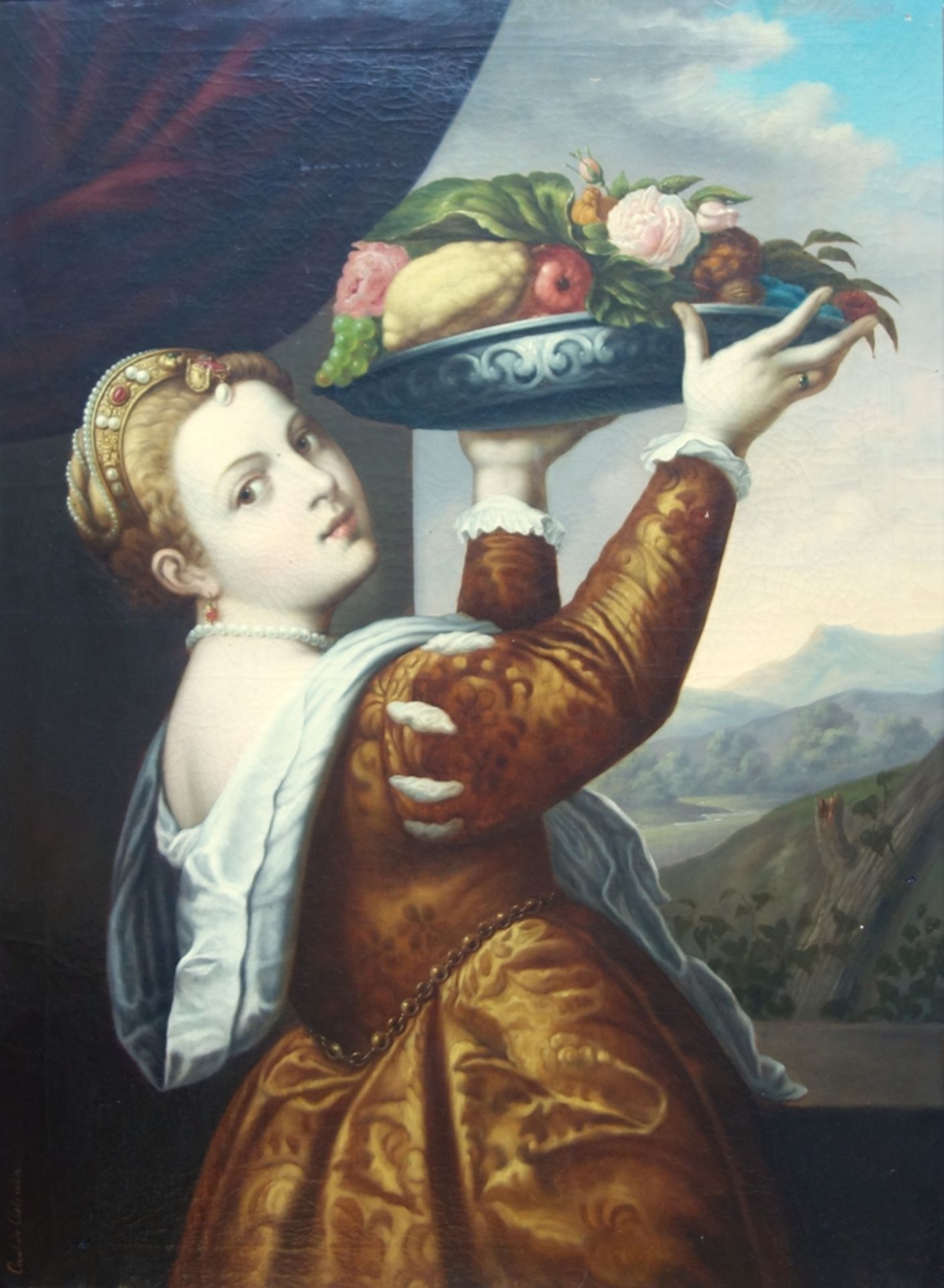 Carl de Calzada, "Mädchen mit Fruchtschale" nach Tizian, 2. Hälfte 19. Jahrhundert, Öl/Leinwand, - Bild 2 aus 3