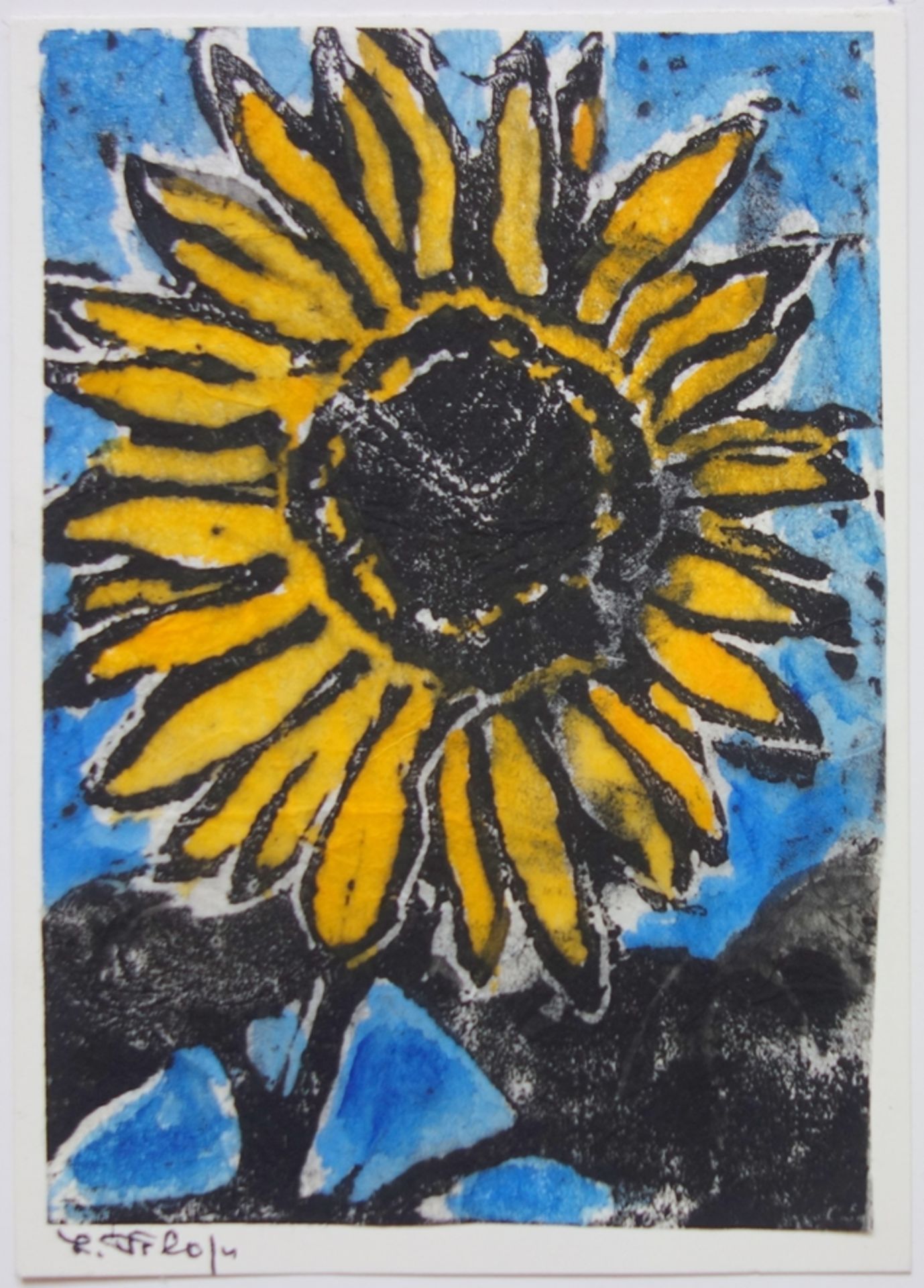 Lieselotte Klose (1918, Magdeburg - 2010, ebd.), "Sonnenblume", kolorierter Linoldruck/Japanpapier,