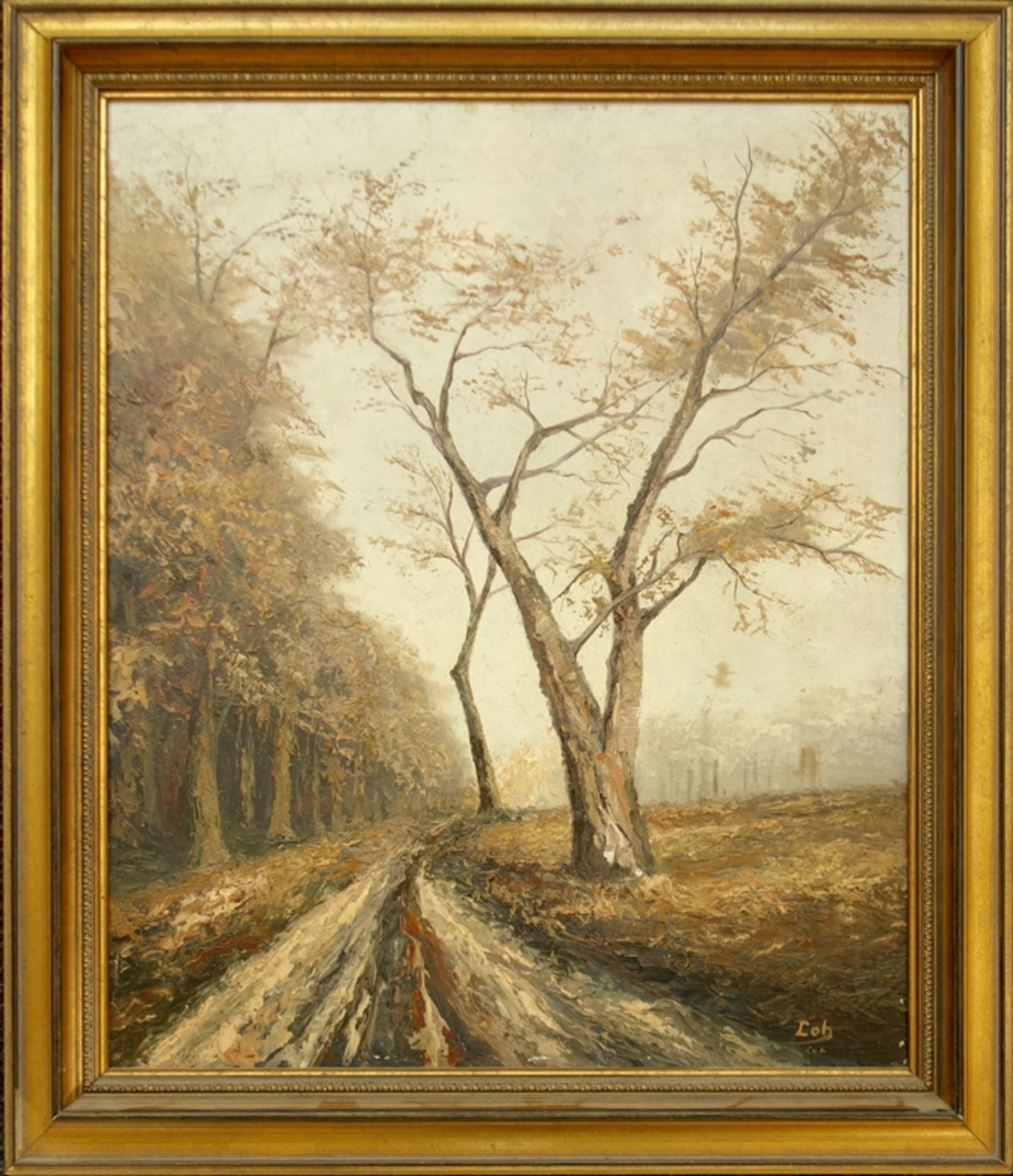 signiert "Loh", "Waldweg im Herbst", 1950er Jahre, Öl/Hartfaser, unten rechts signiert und